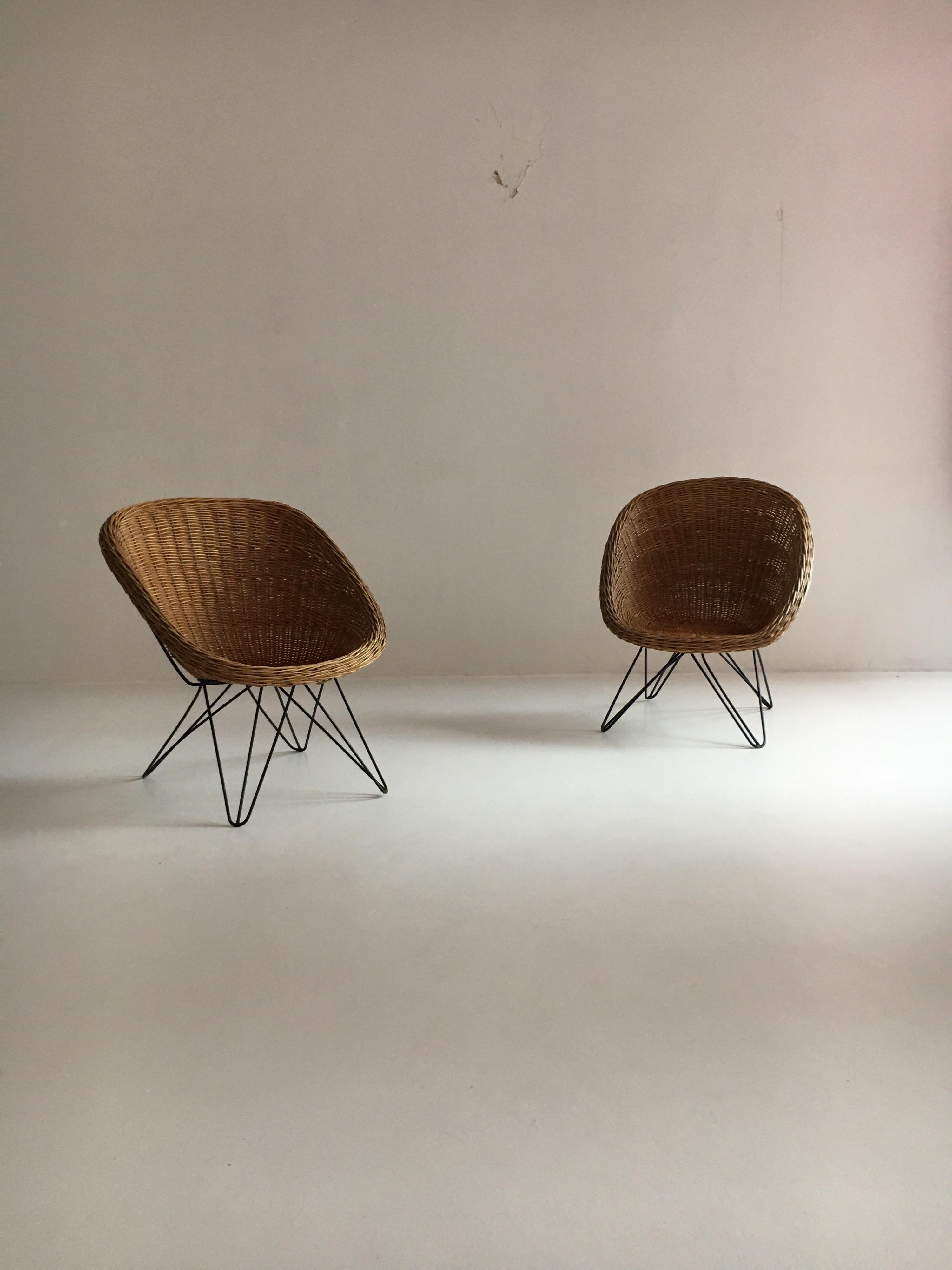 Mid-Century Modern Wicker Basket Chairs Hairpin Legs, Austria, 1950s 6