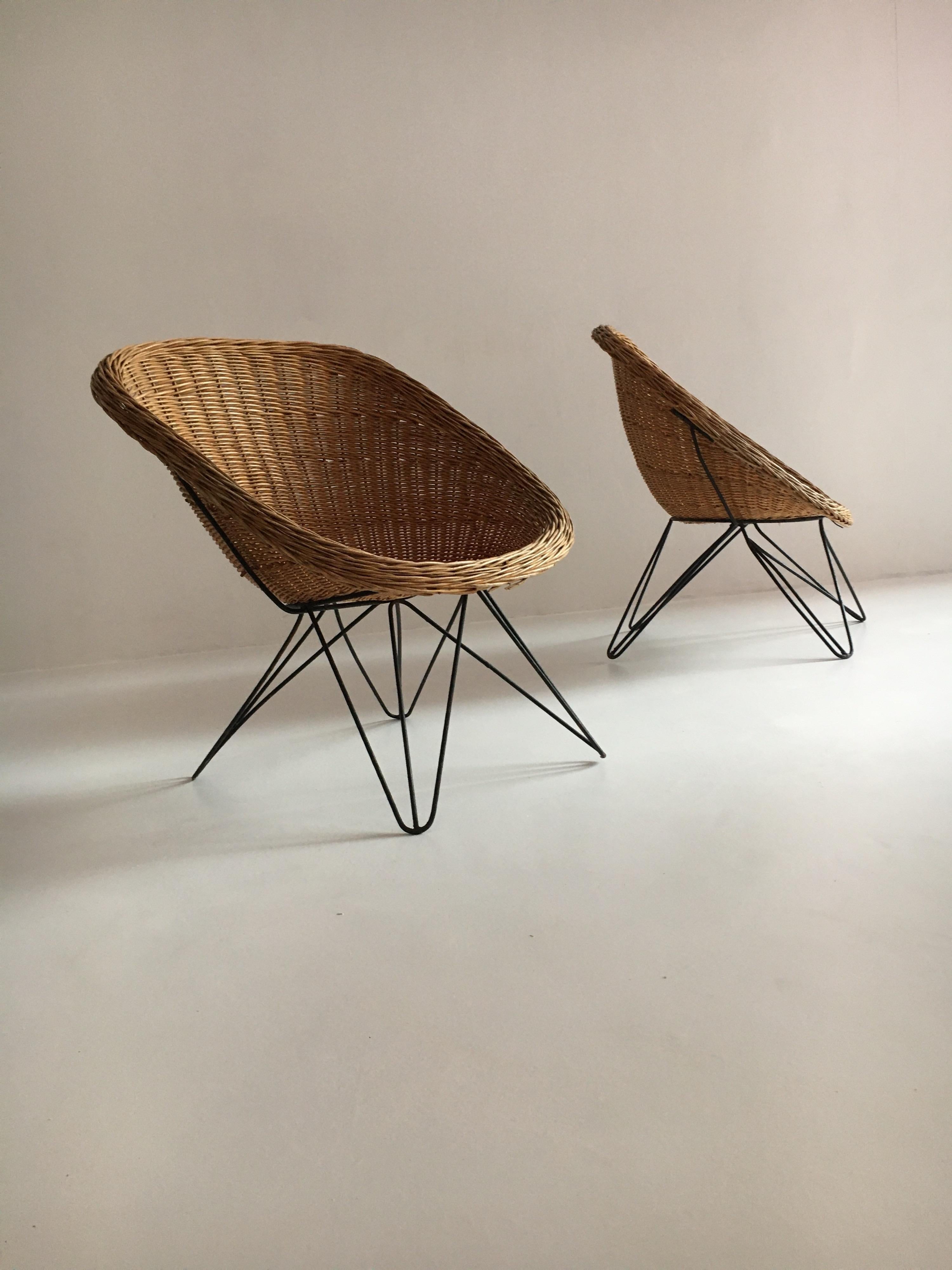 Mid-Century Modern Wicker Basket Chairs Hairpin Legs, Austria, 1950s 7
