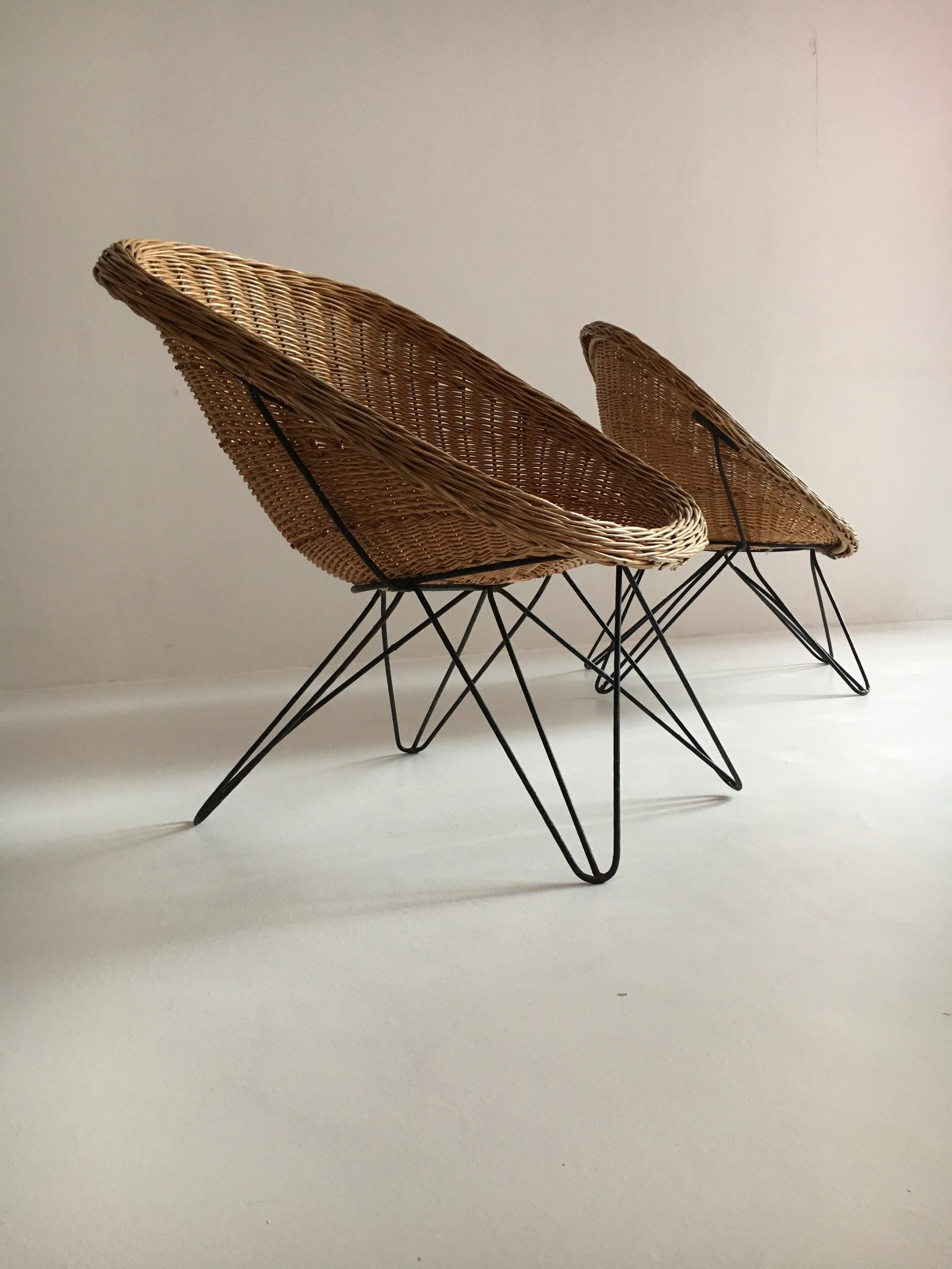 Mid-Century Modern Wicker Basket Chairs Hairpin Legs, Austria, 1950s 8