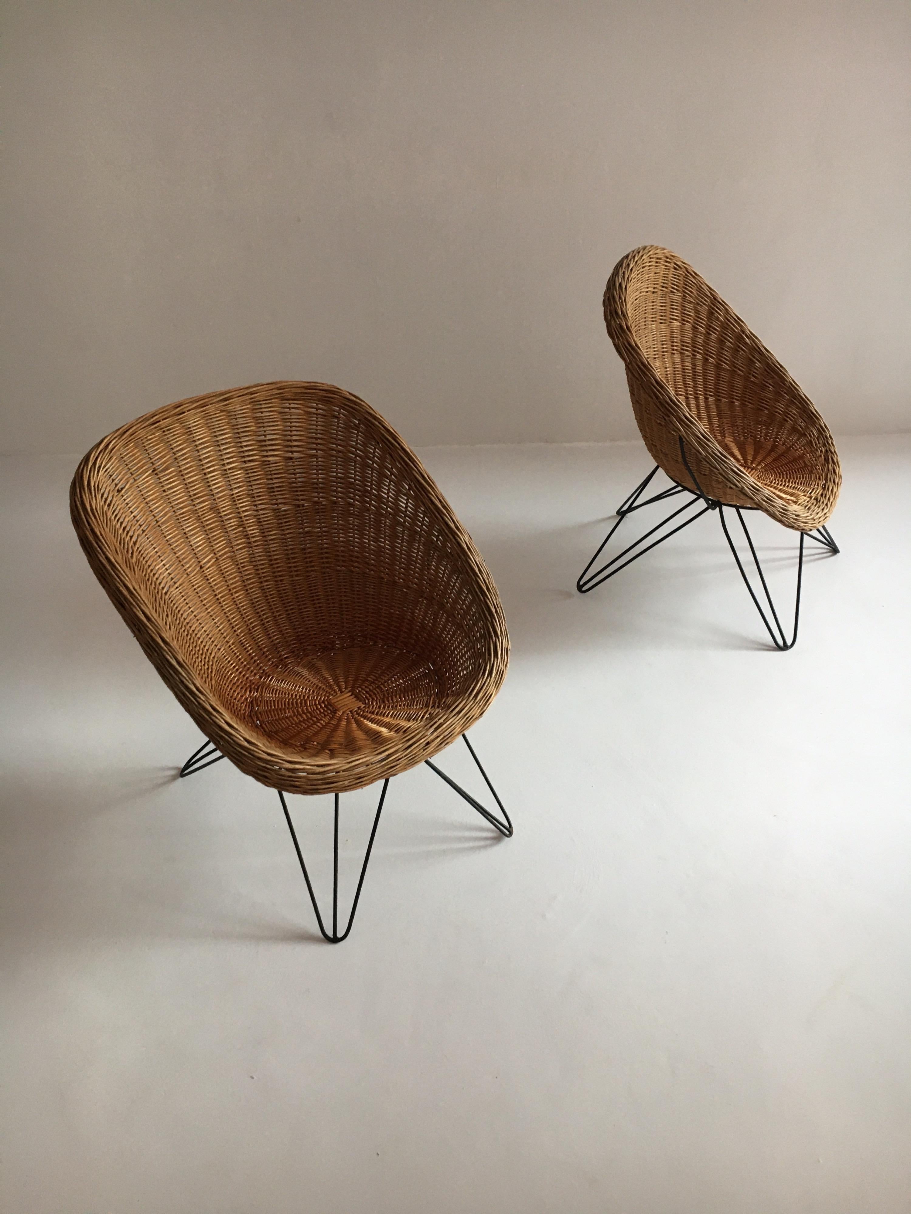 Mid-Century Modern Wicker Basket Chairs Hairpin Legs, Austria, 1950s 9