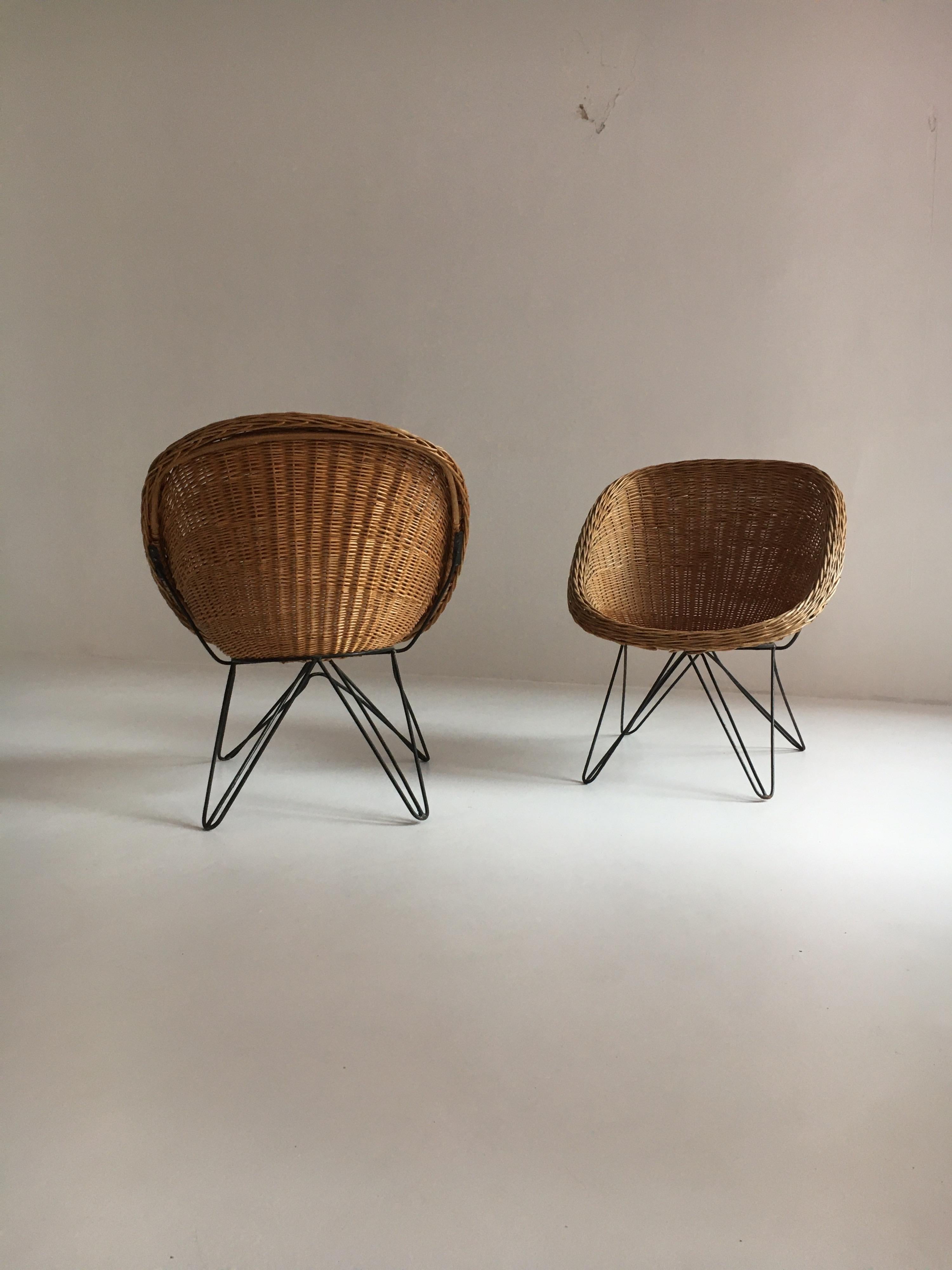Mid-Century Modern Wicker Basket Chairs Hairpin Legs, Austria, 1950s In Good Condition In Vienna, AT