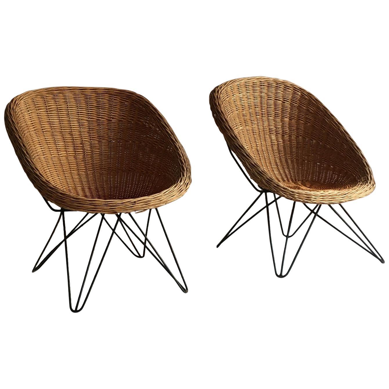 Mid-Century Modern Wicker Basket Chairs Hairpin Legs, Austria, 1950s