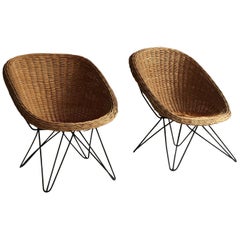 Mid-Century Modern Wicker Basket Chairs Hairpin Legs, Austria, 1950s