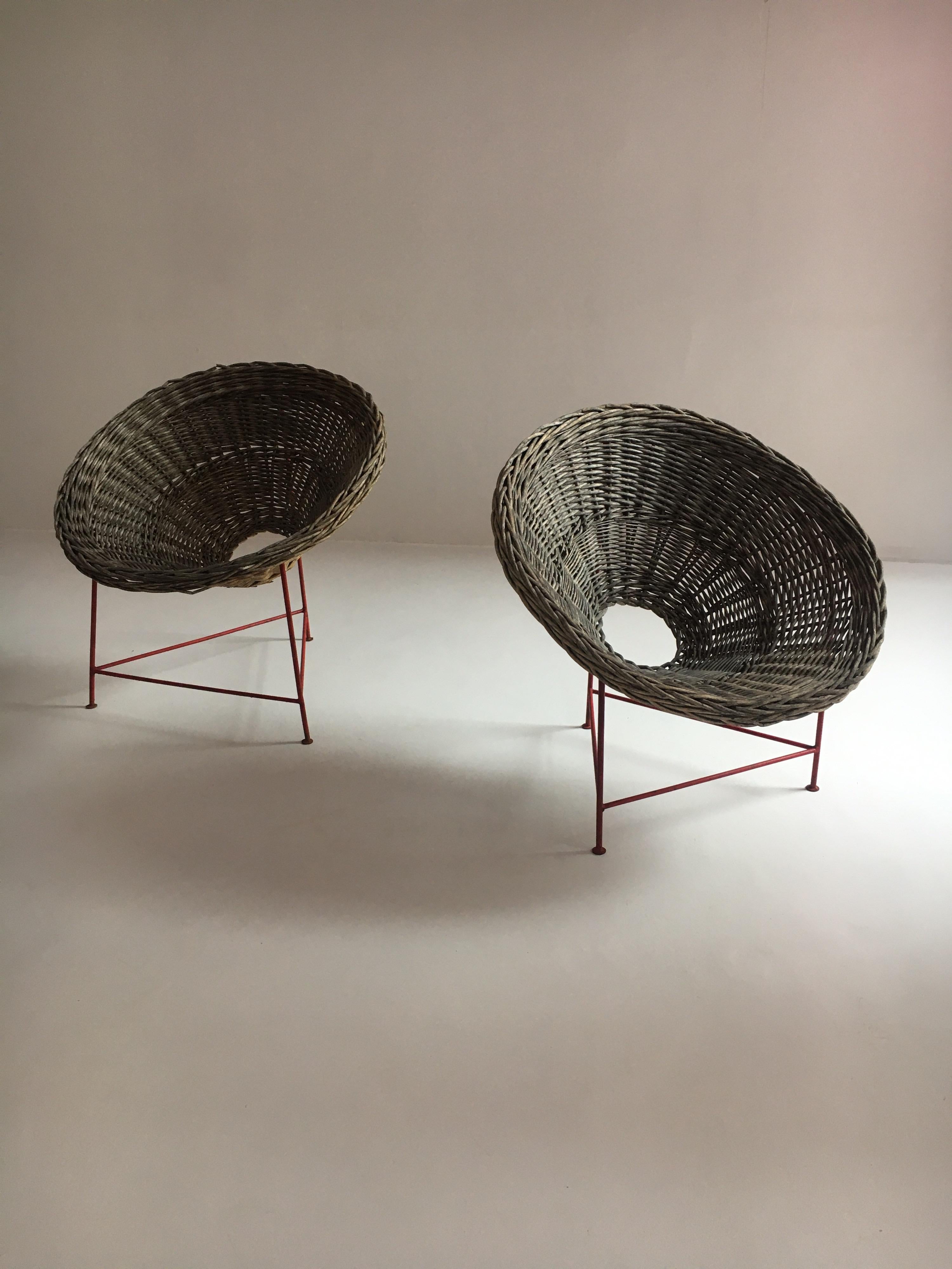 Mid-Century Modern Wicker Basket Chairs Tripod Legs, France, 1950s 5