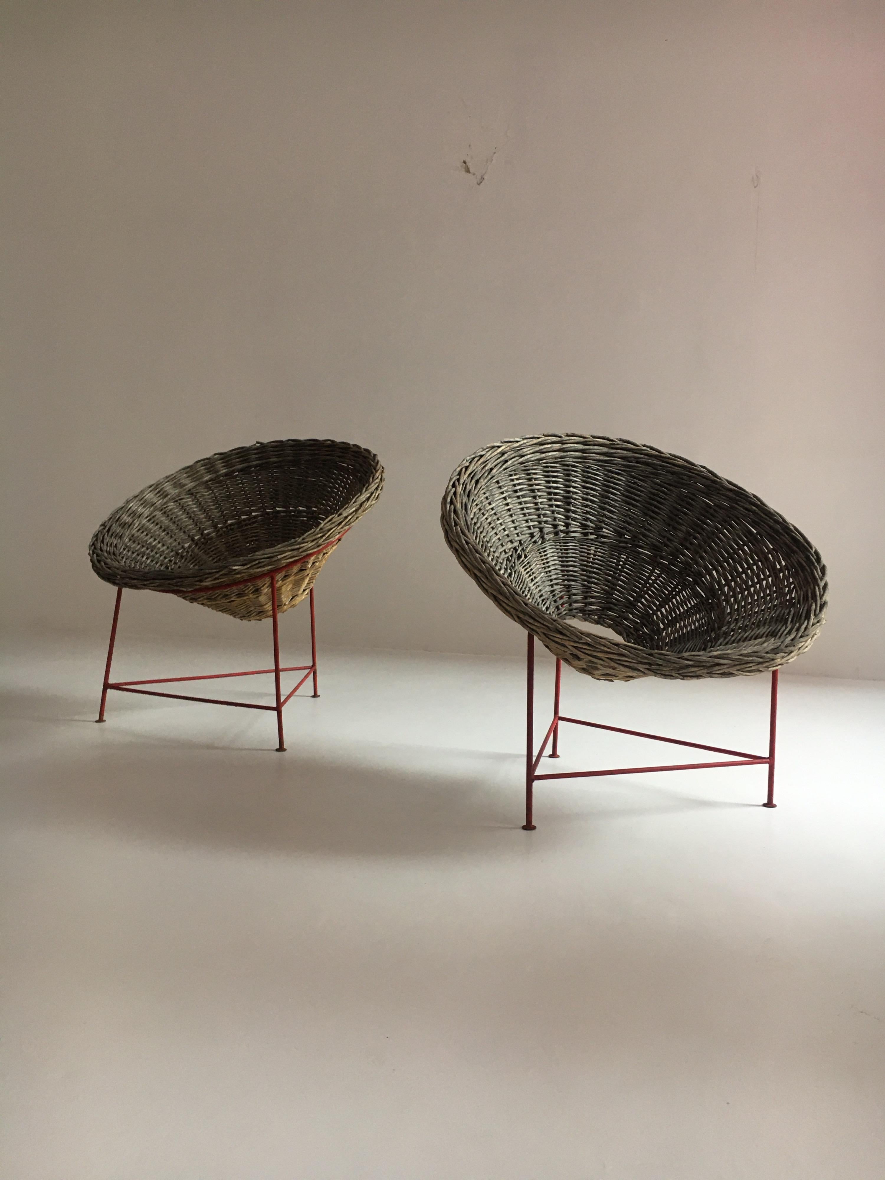 Mid-Century Modern Wicker Basket Chairs Tripod Legs, France, 1950s 6