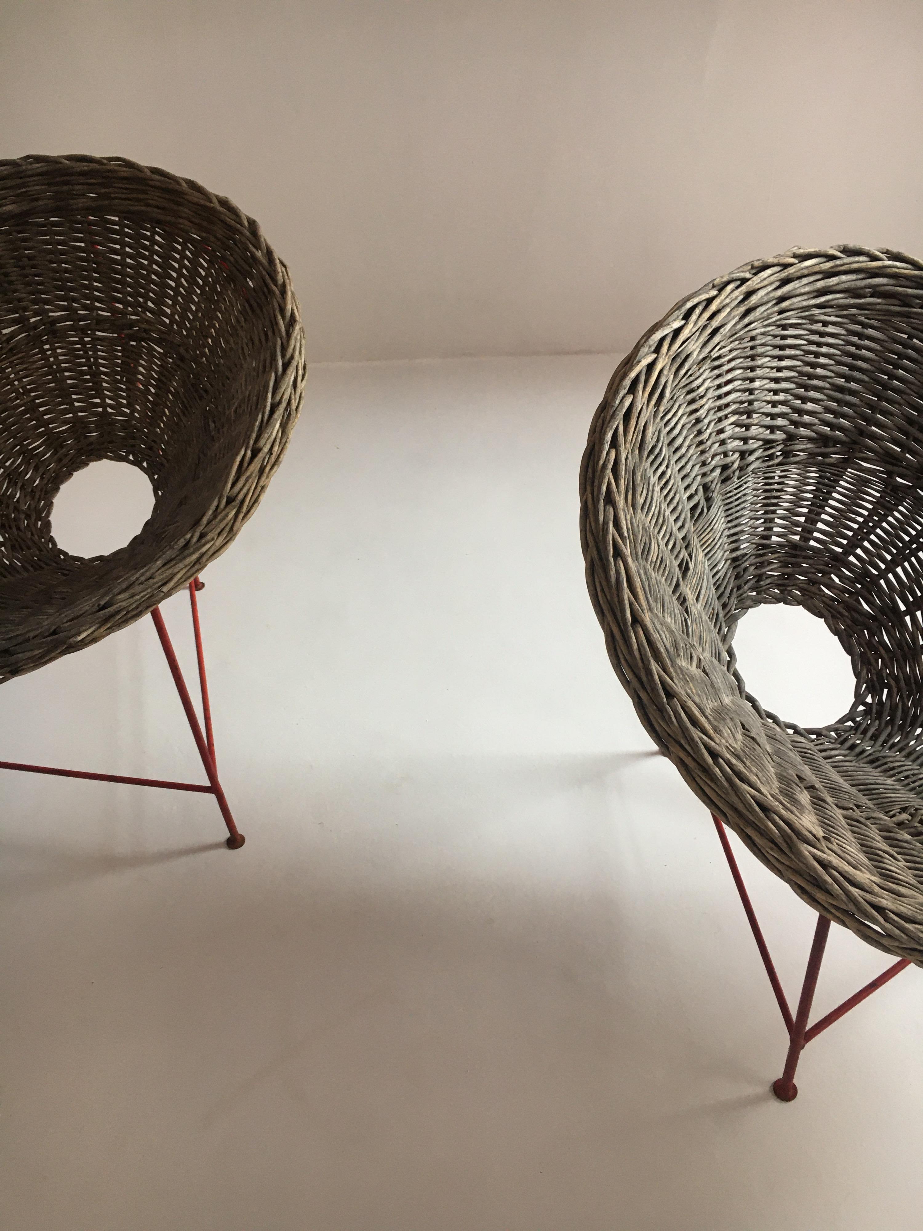 Mid-Century Modern Wicker Basket Chairs Tripod Legs, France, 1950s 7