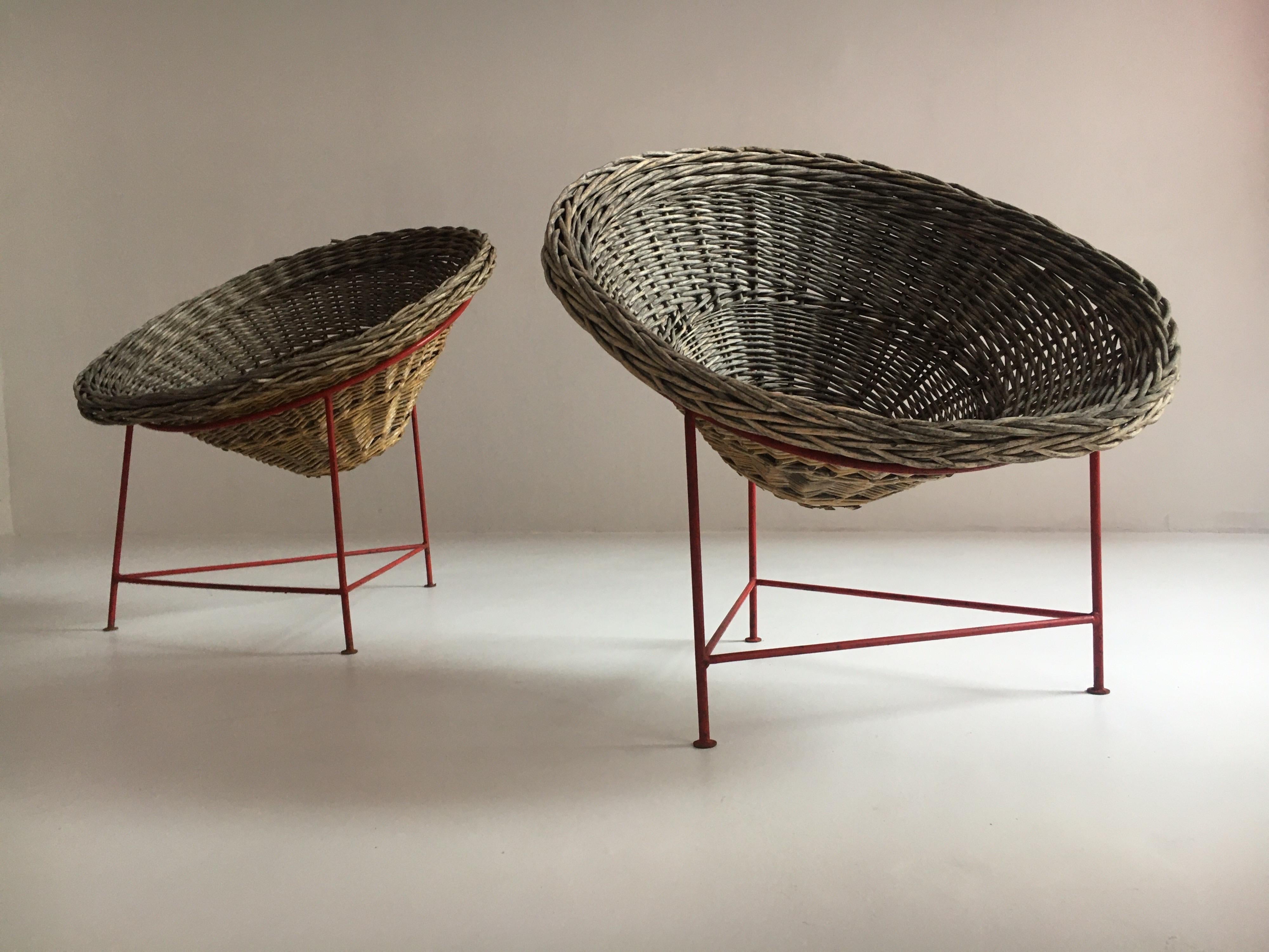 Mid-Century Modern Wicker Basket Chairs Tripod Legs, France, 1950s 8