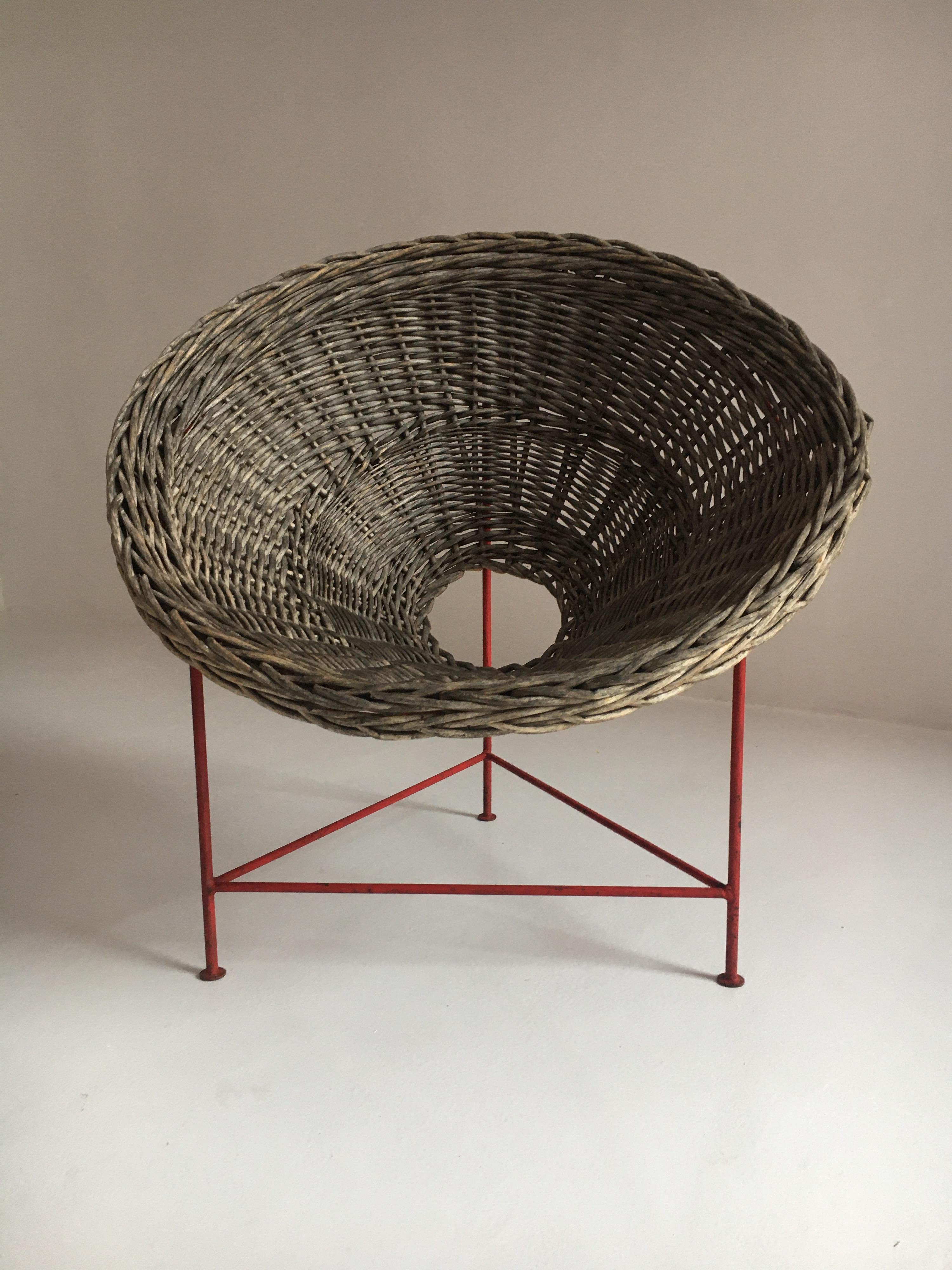 French Mid-Century Modern Wicker Basket Chairs Tripod Legs, France, 1950s