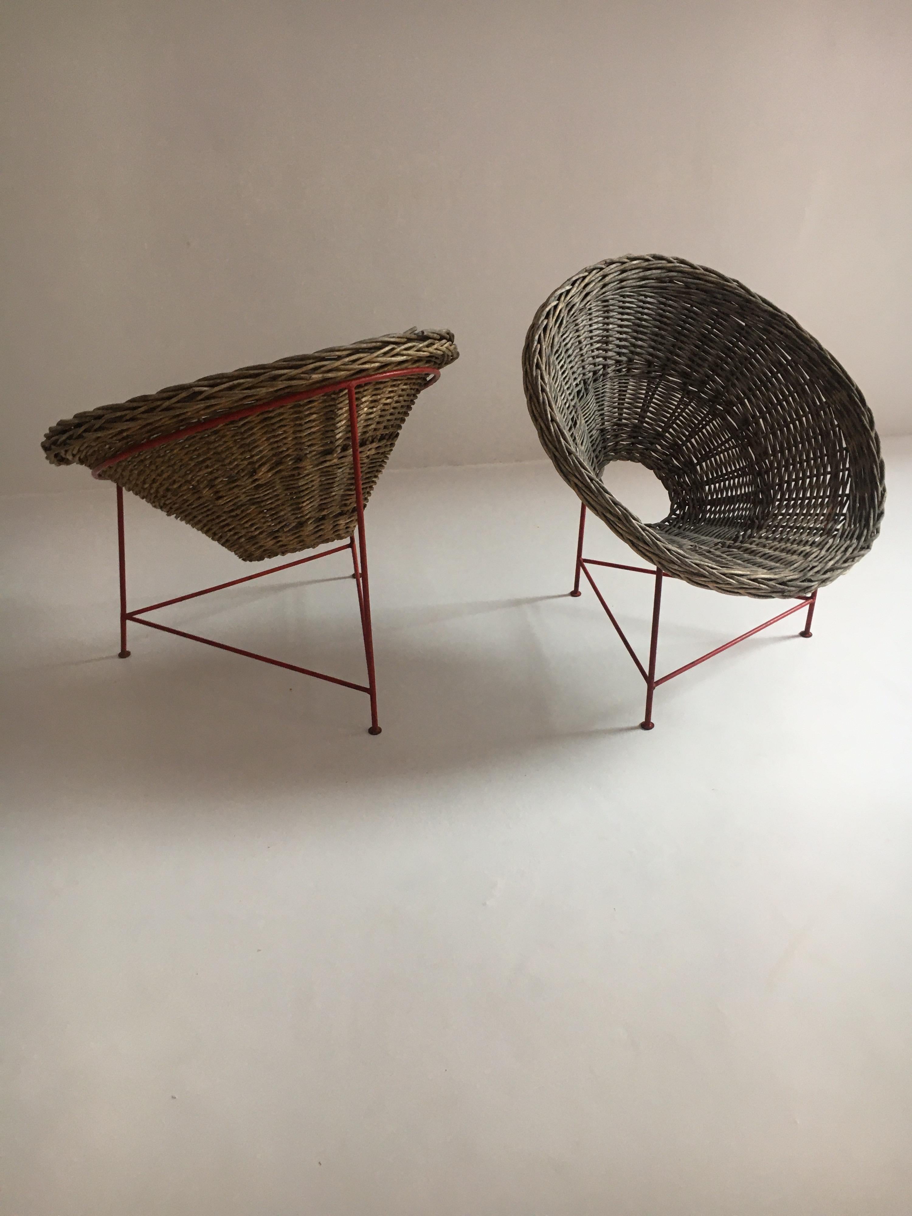 Mid-20th Century Mid-Century Modern Wicker Basket Chairs Tripod Legs, France, 1950s