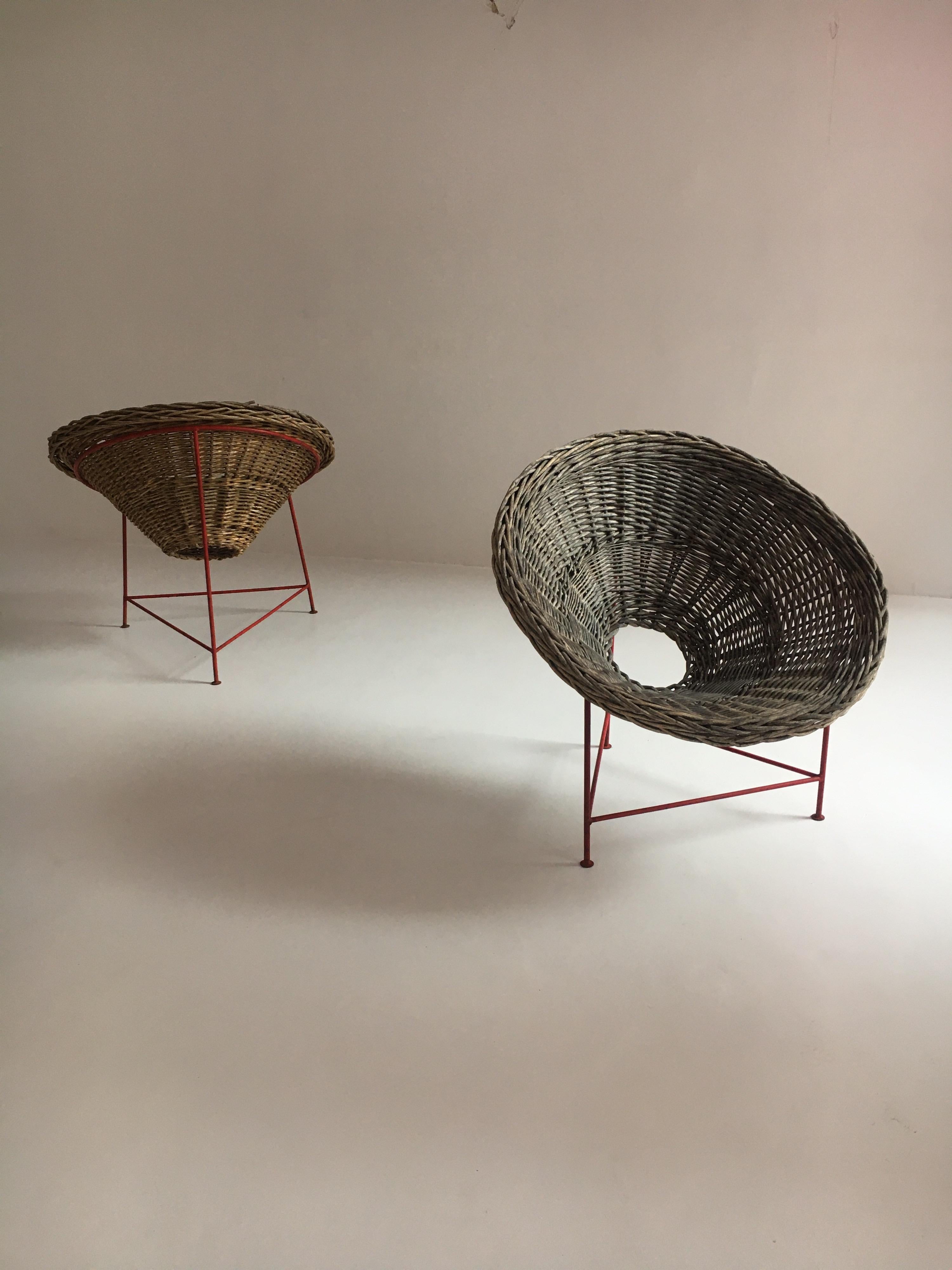 Mid-Century Modern Wicker Basket Chairs Tripod Legs, France, 1950s 1