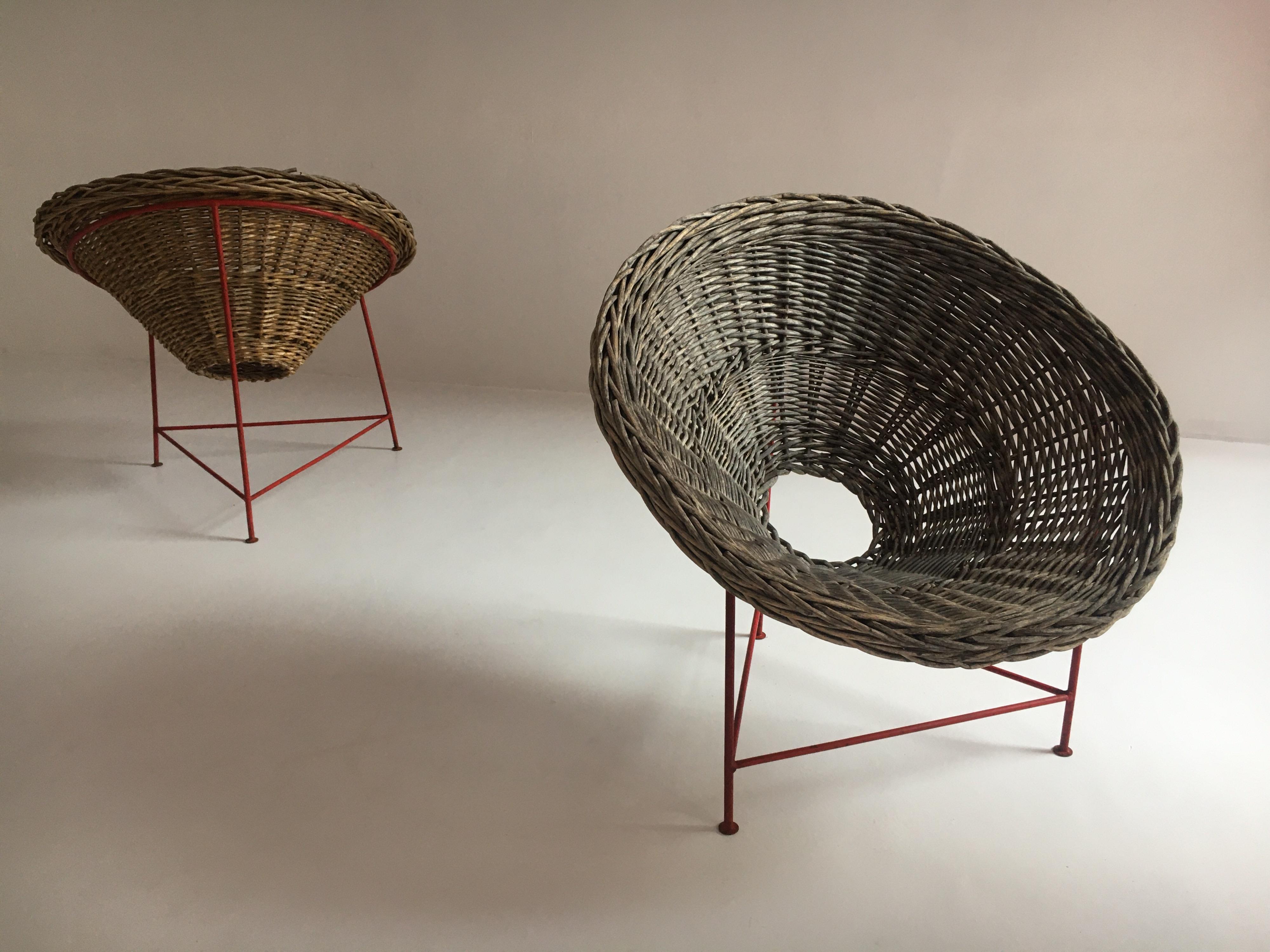 Mid-Century Modern Wicker Basket Chairs Tripod Legs, France, 1950s 2