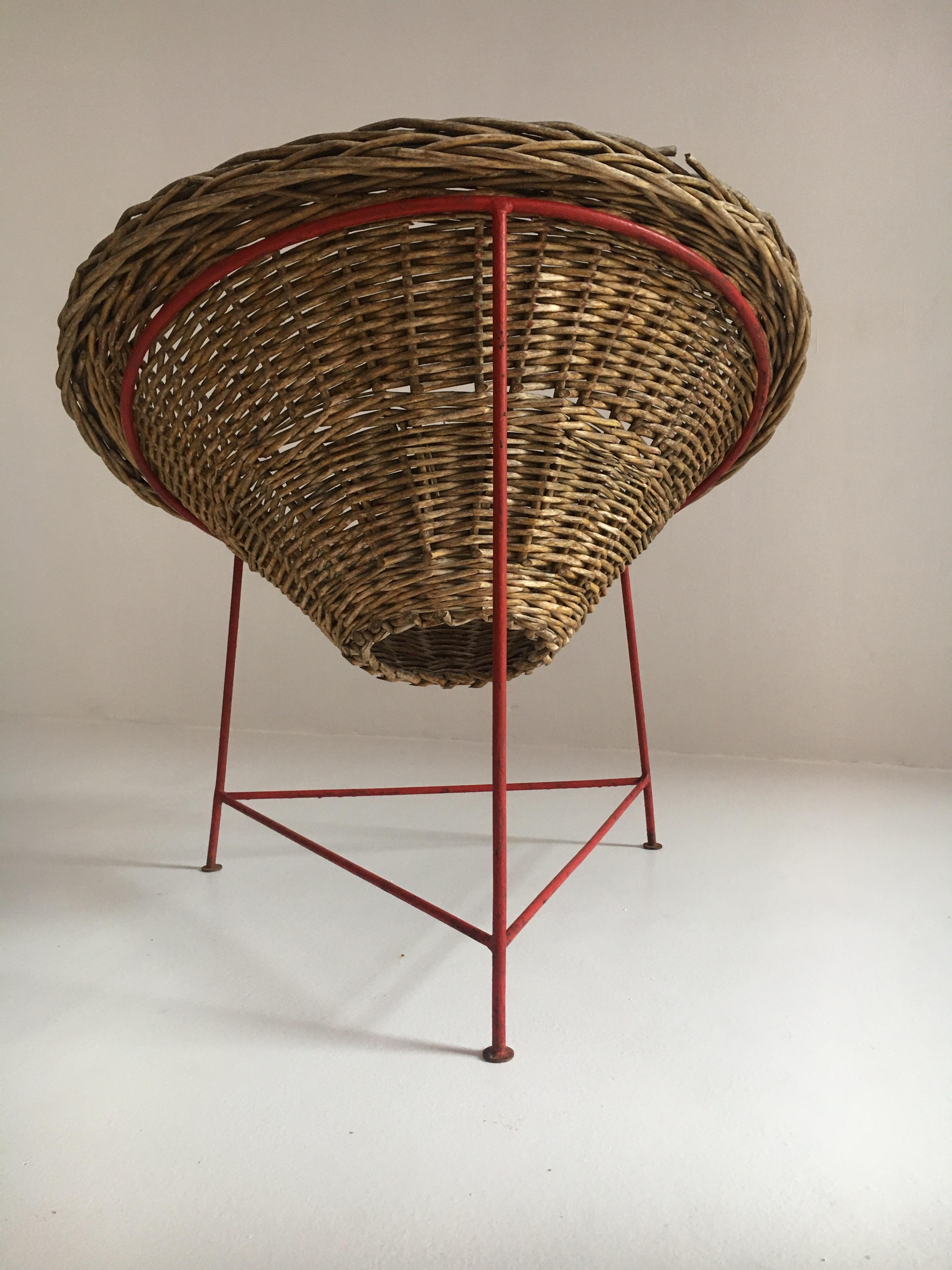 Mid-Century Modern Wicker Basket Chairs Tripod Legs, France, 1950s 3