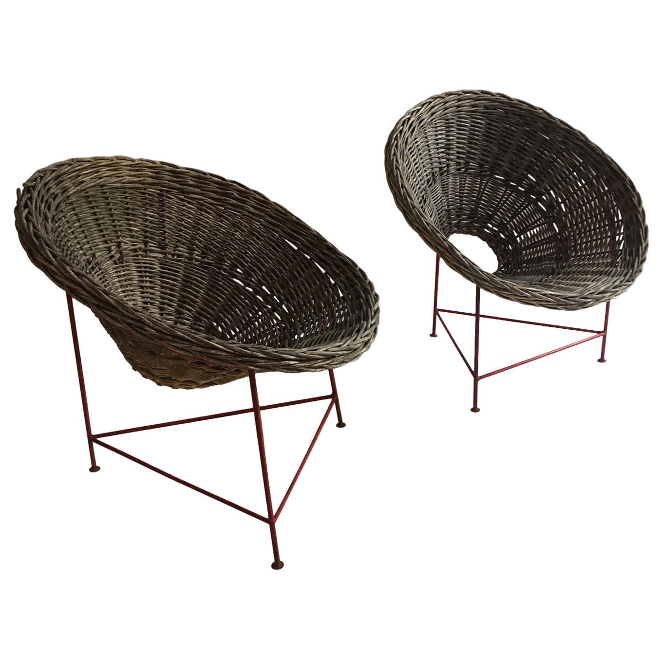 Mid-Century Modern Wicker Basket Chairs Tripod Legs, France, 1950s