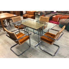Mid-Century Modern Wicker Chrome and Burnt Orange Velvet Dining Set