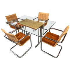 Mid-Century Modern Wicker Chrome and Burnt Orange Velvet Dining Set