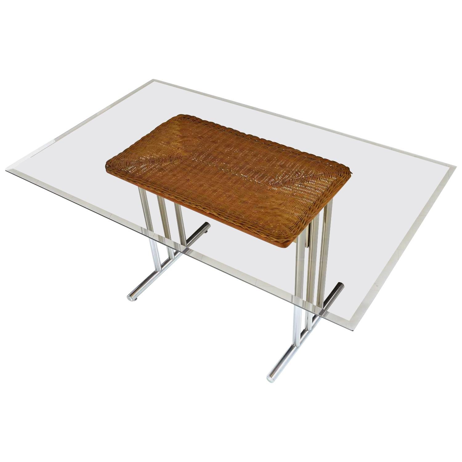 Mid-Century Modern Wicker Chrome Smoked Glass Dining Table