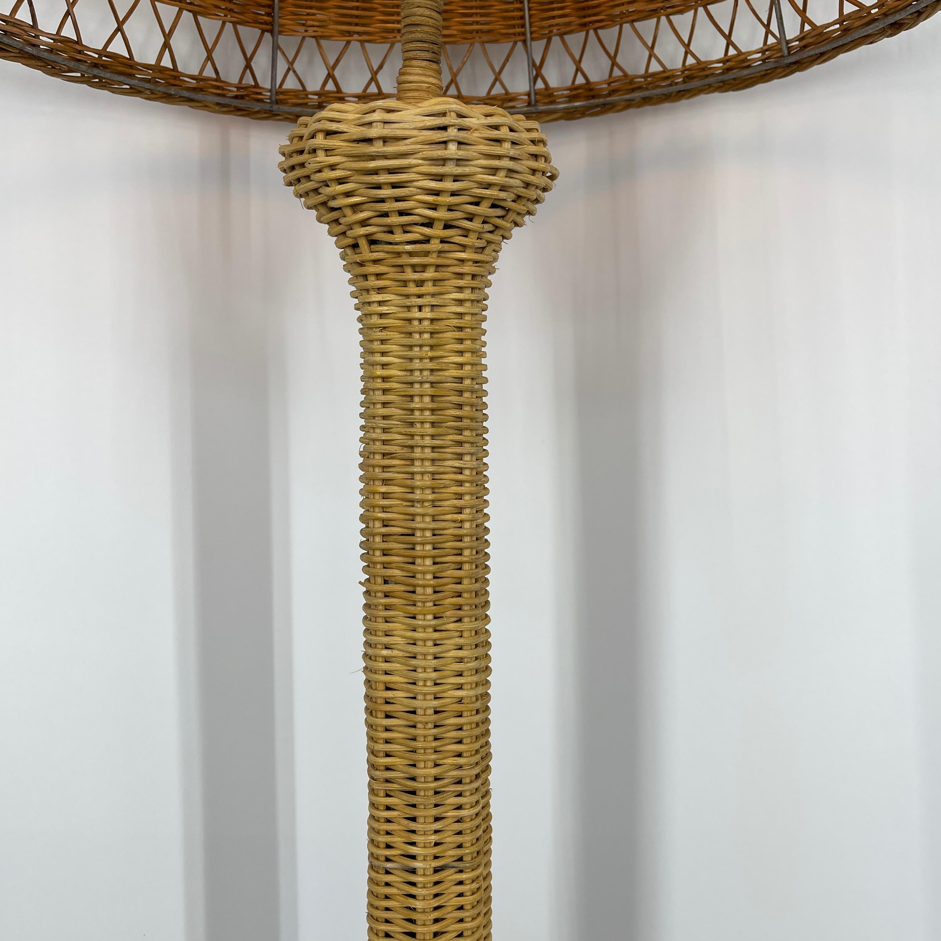 Hand-Crafted Mid-Century Modern Wicker Floor Lamp with Wicker Shade