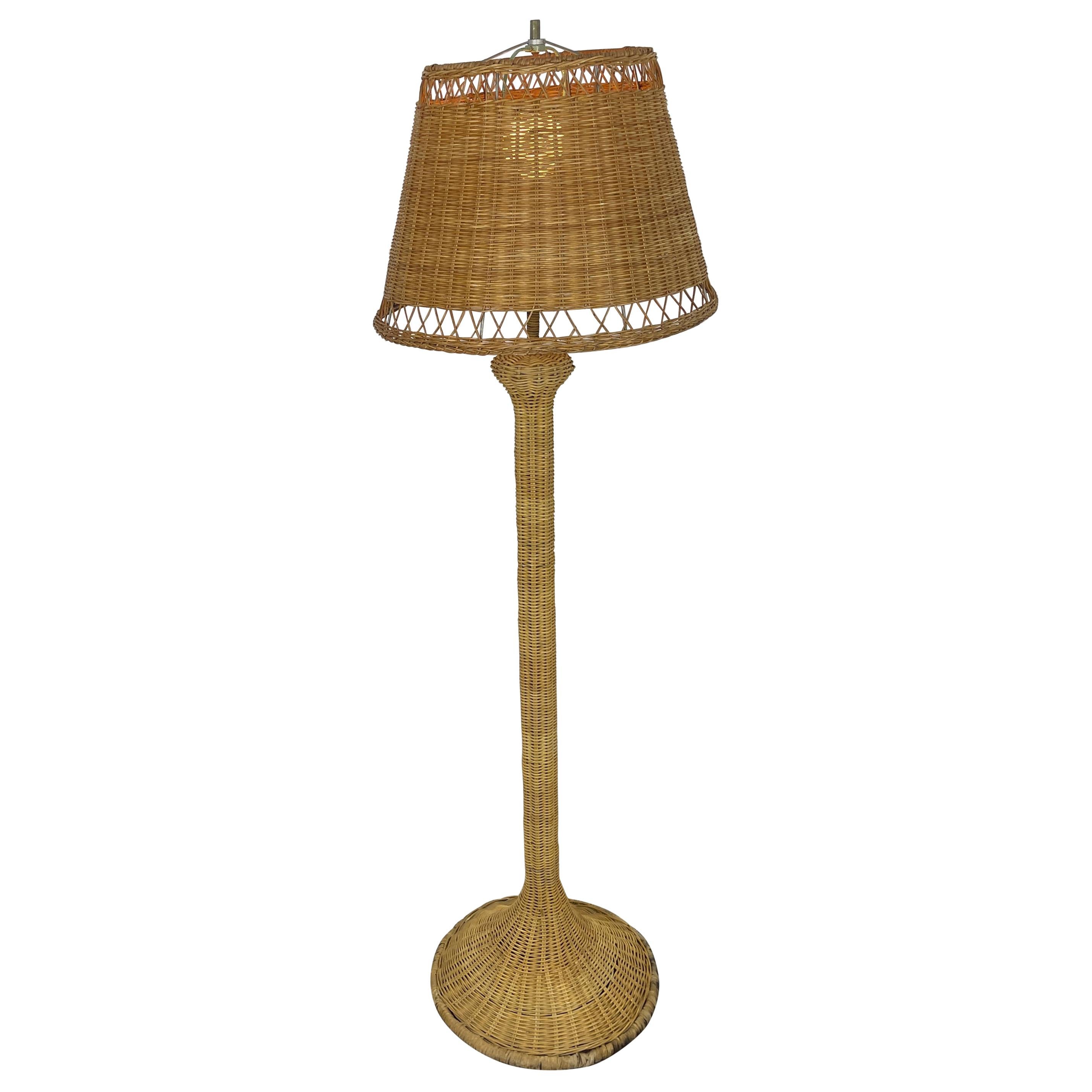 Mid-Century Modern Wicker Floor Lamp with Wicker Shade