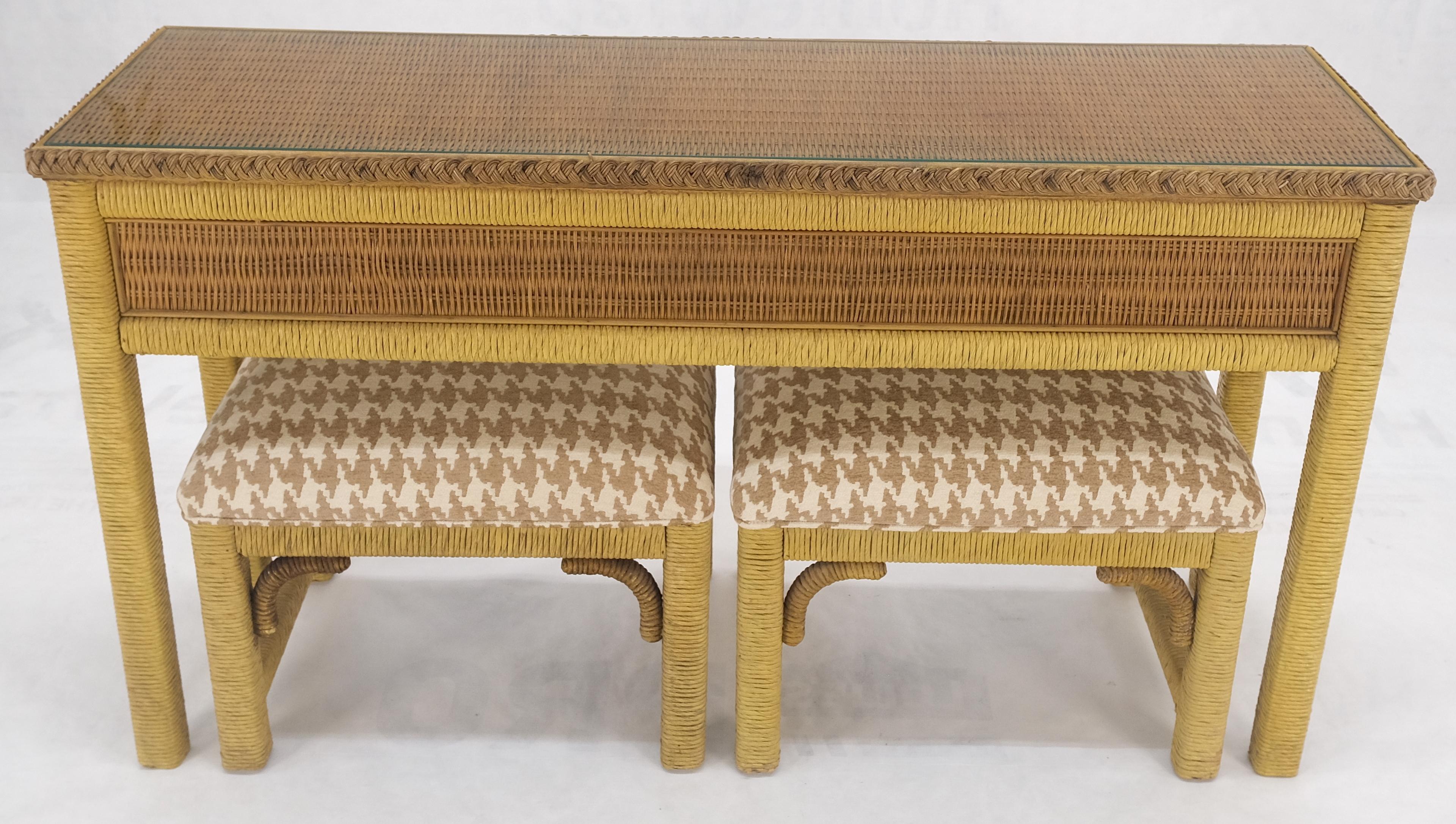 Mid Century Modern Wicker Glass Top Consoel Table w/ Pair of Matching Benches  For Sale 9