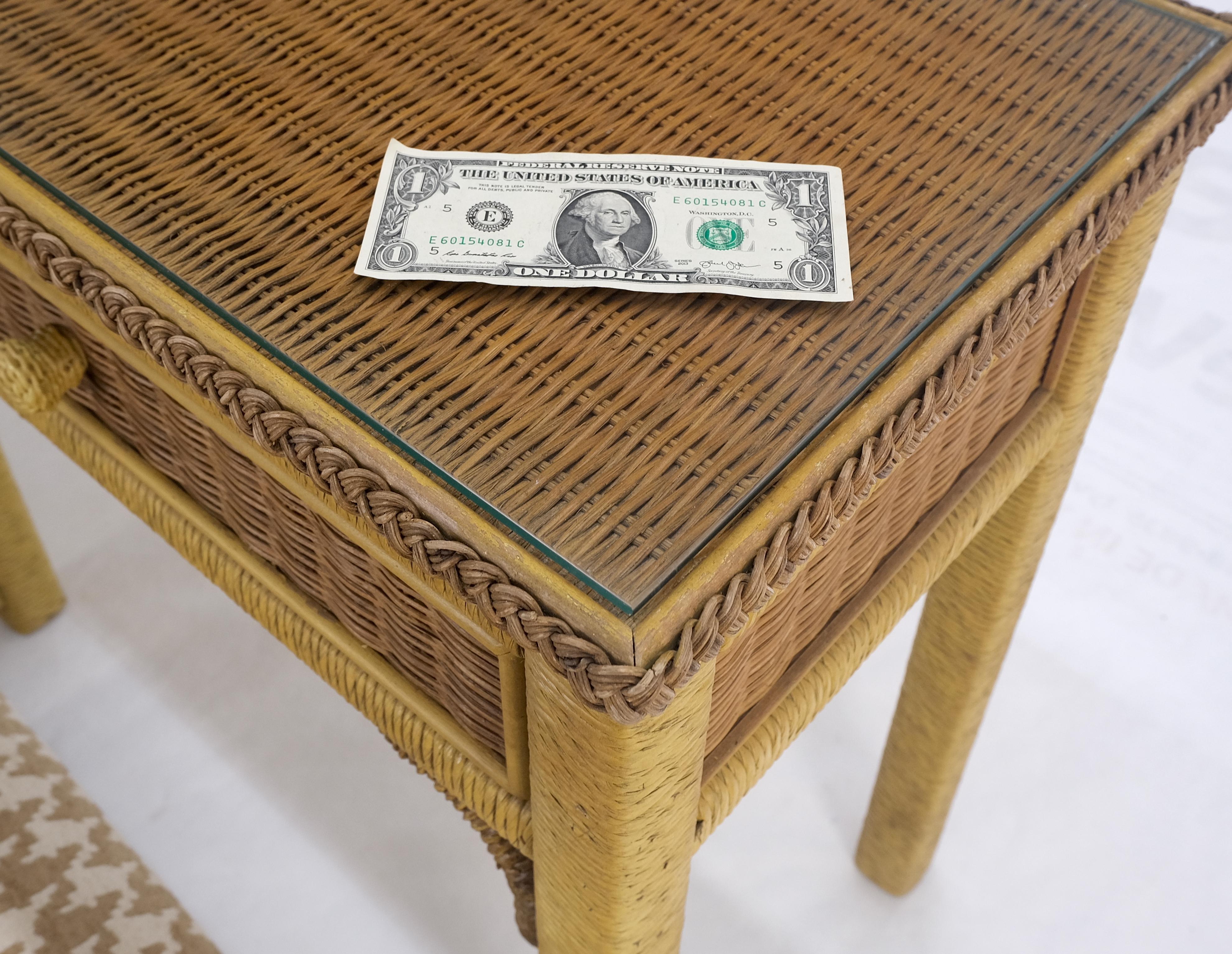 Mid Century Modern Wicker Glass Top Consoel Table w/ Pair of Matching Benches  For Sale 11