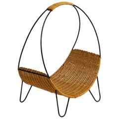 Mid-Century Modern Wicker Newspaper and Magazine Rack with Metal Frame