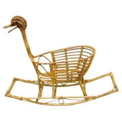 Mid Century Modern Wicker Rattan Figural Duck Rocker Bassinet Basket Crib