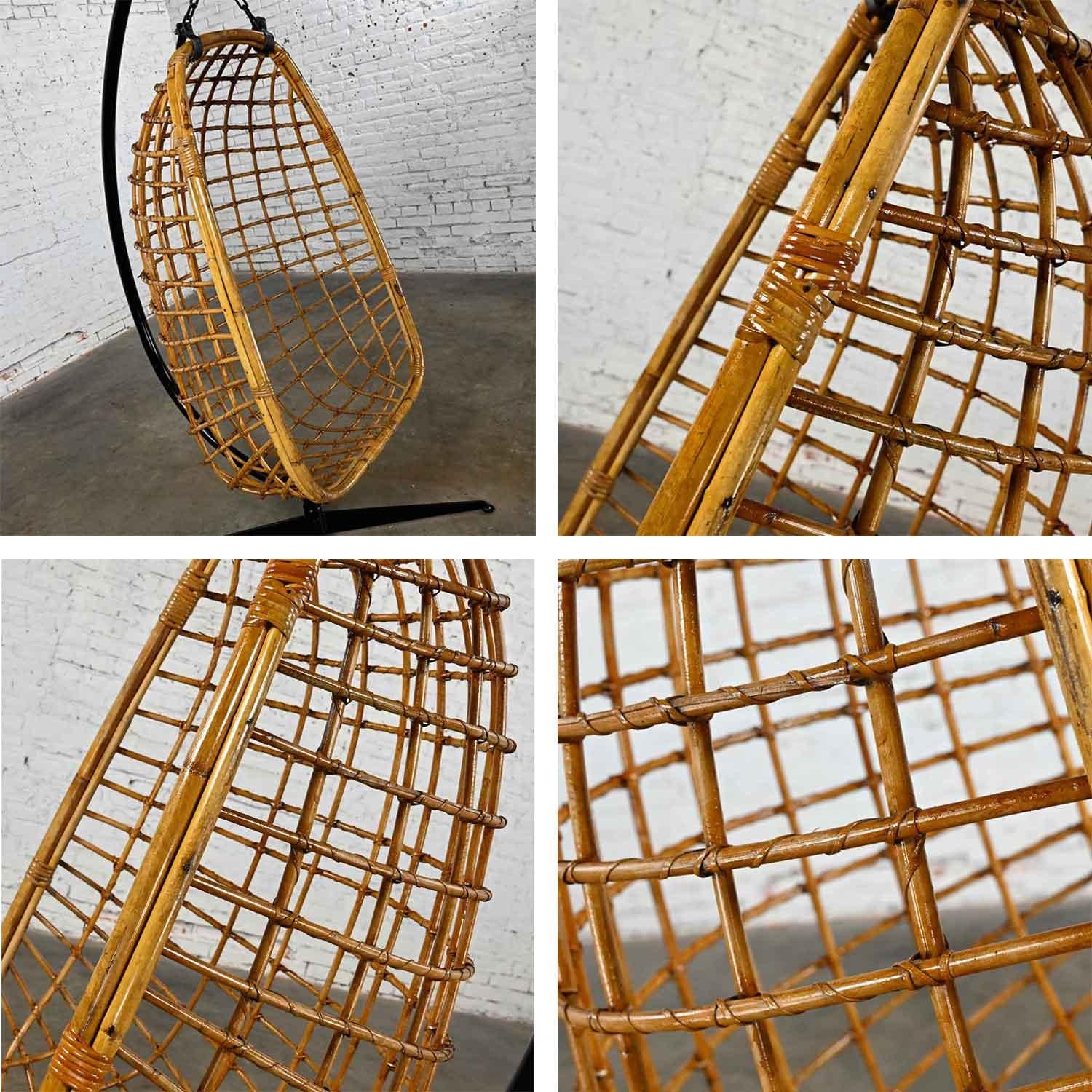 Mid-Century Modern Wicker Rattan Hanging Basket Chair & Black Painted Stand 7