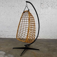 Mid-Century Modern Wicker Rattan Hanging Basket Chair & Black Painted Stand