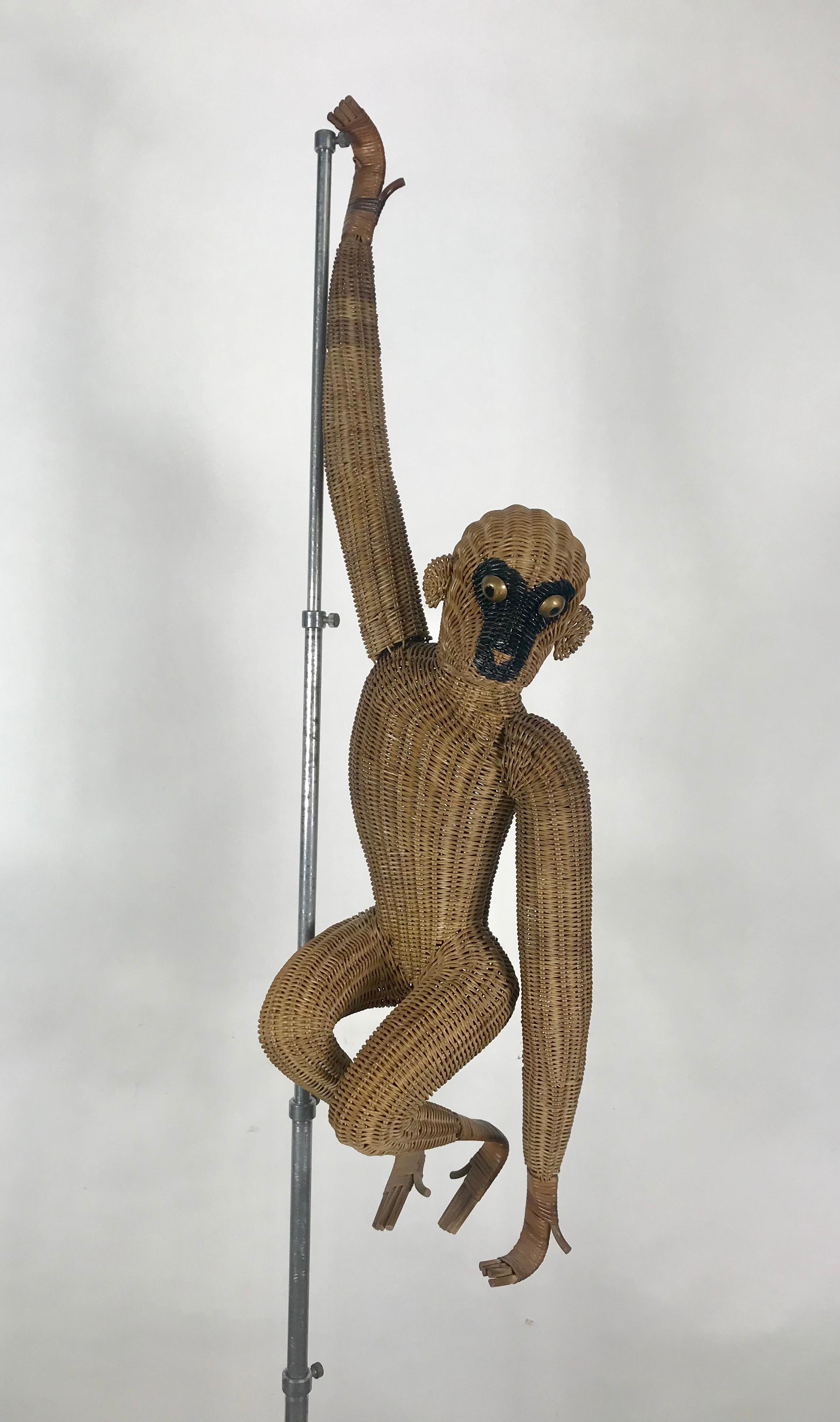 Mid-Century Modern wicker /rattan monkey, hanging sculpture, classic modernist. Whimsical depiction.