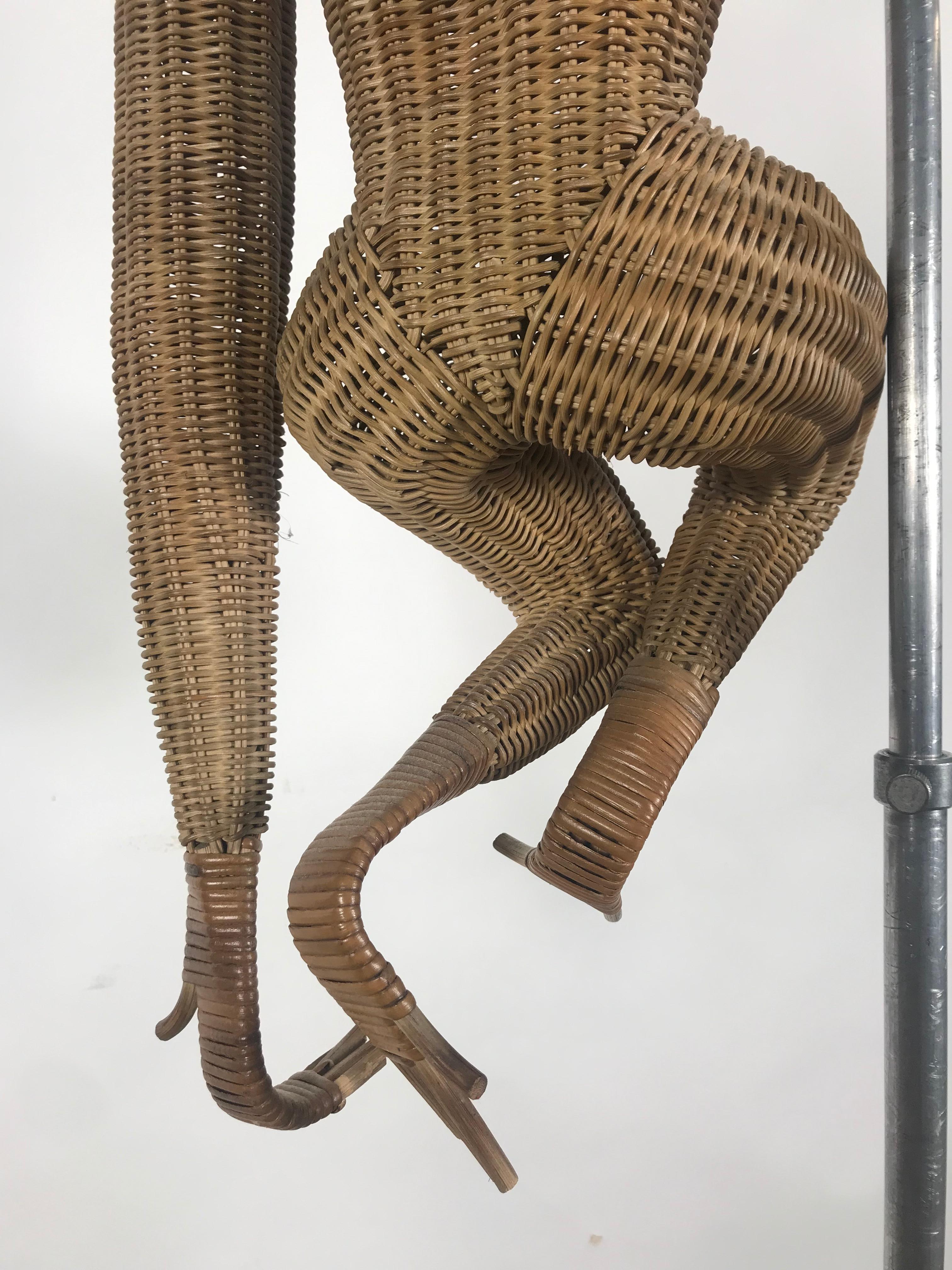 Hand-Crafted Mid-Century Modern Wicker/Rattan Monkey, Hanging Sculpture