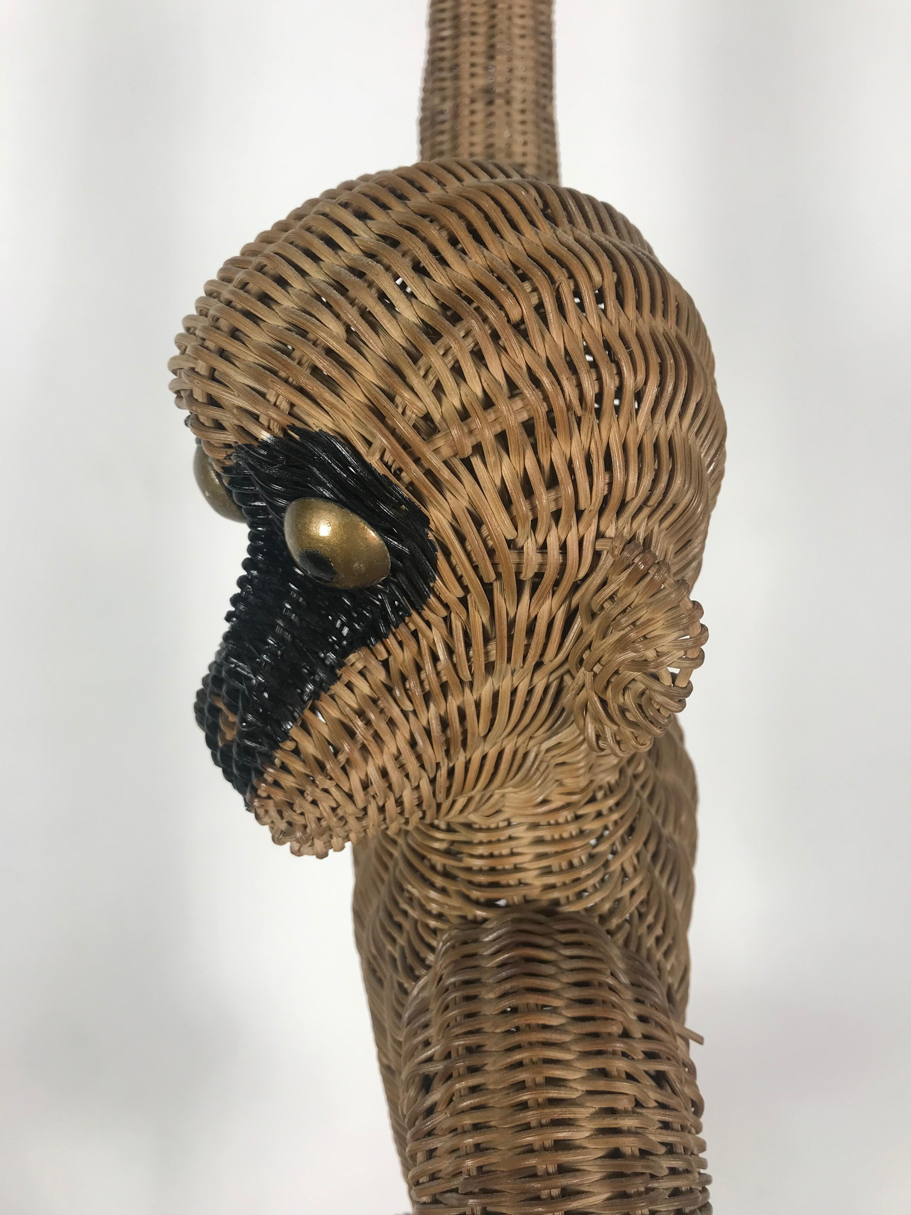 Mid-Century Modern Wicker/Rattan Monkey, Hanging Sculpture 1