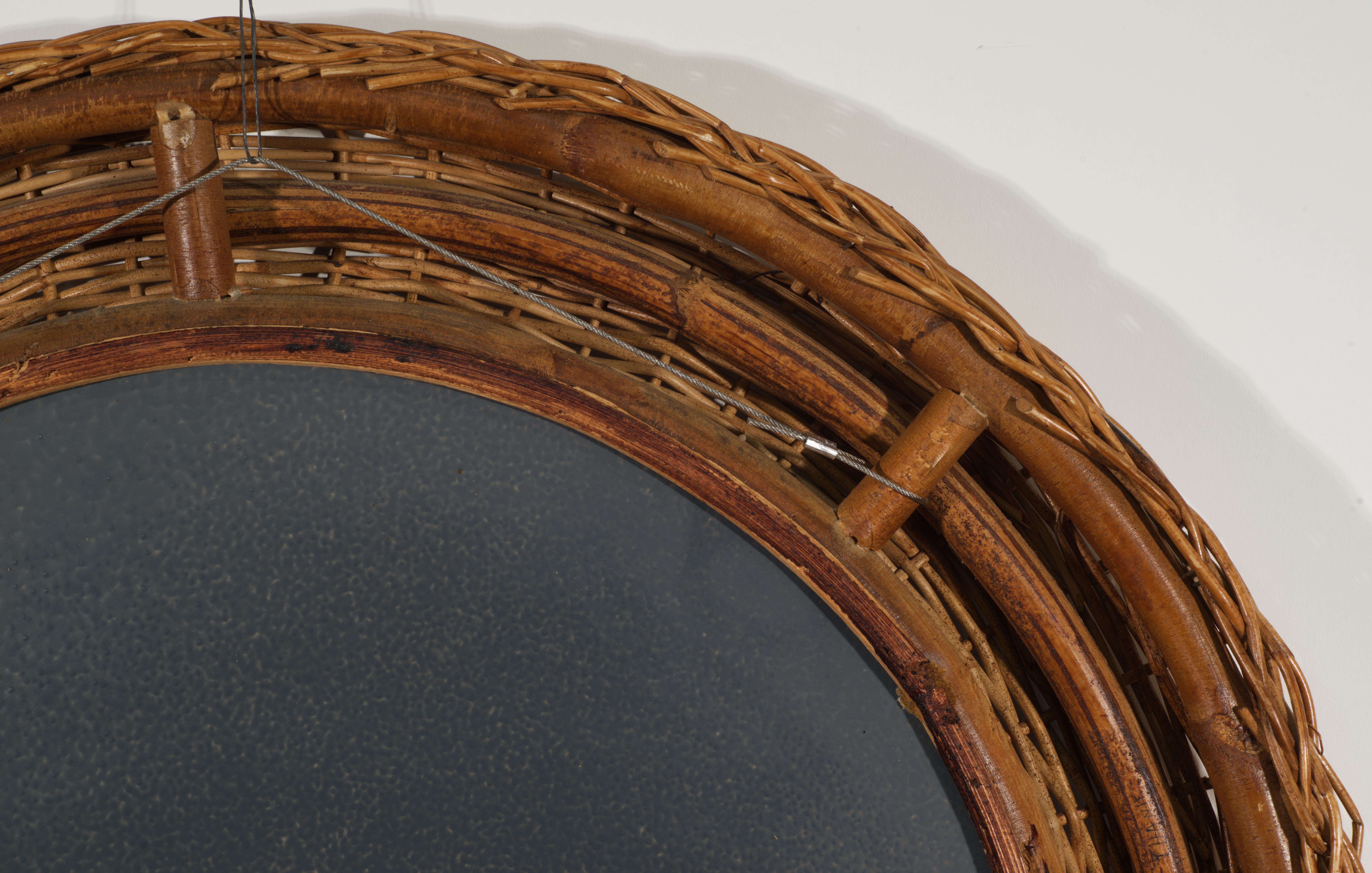 Runder Wandspiegel aus Korbweide-Rattan, Französischer Landhausstil, Mid-Century Modern im Angebot 1