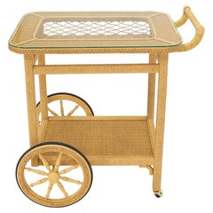 Vintage Mid Century Modern Wicker Serving Cart w/ Glass Top