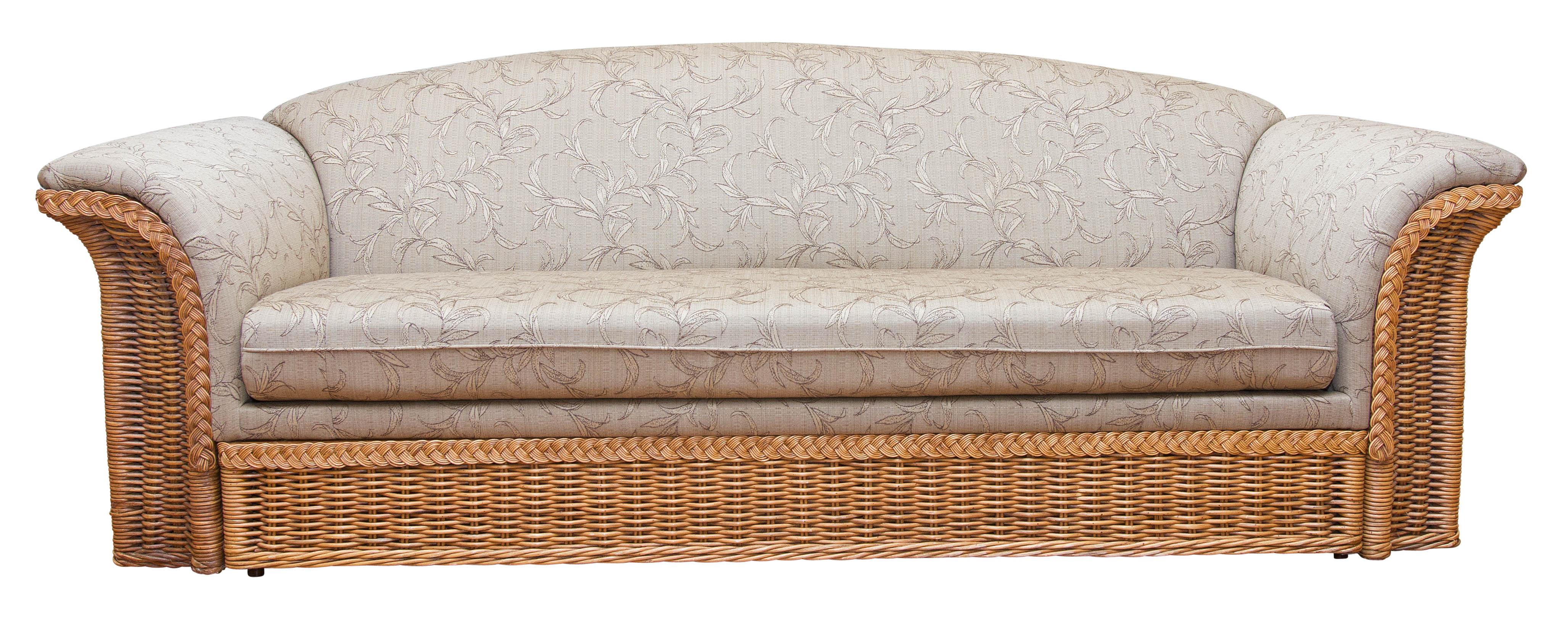 Modern upholstered wicker set. Includes sofa, chair, settee, end table and cocktail table. Tables have smoked glass tops, circa 1980s. A full room of furniture. Please, contact us for shipping options.
Measures: Sofa 90” W x 36