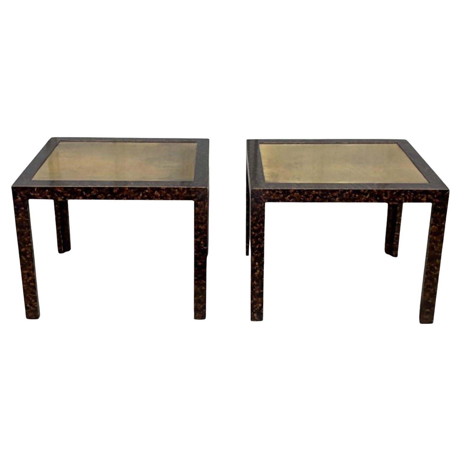 Mid-Century Modern Widdicomb Faux Tortoise & Brass Parsons Side Tables - Pair