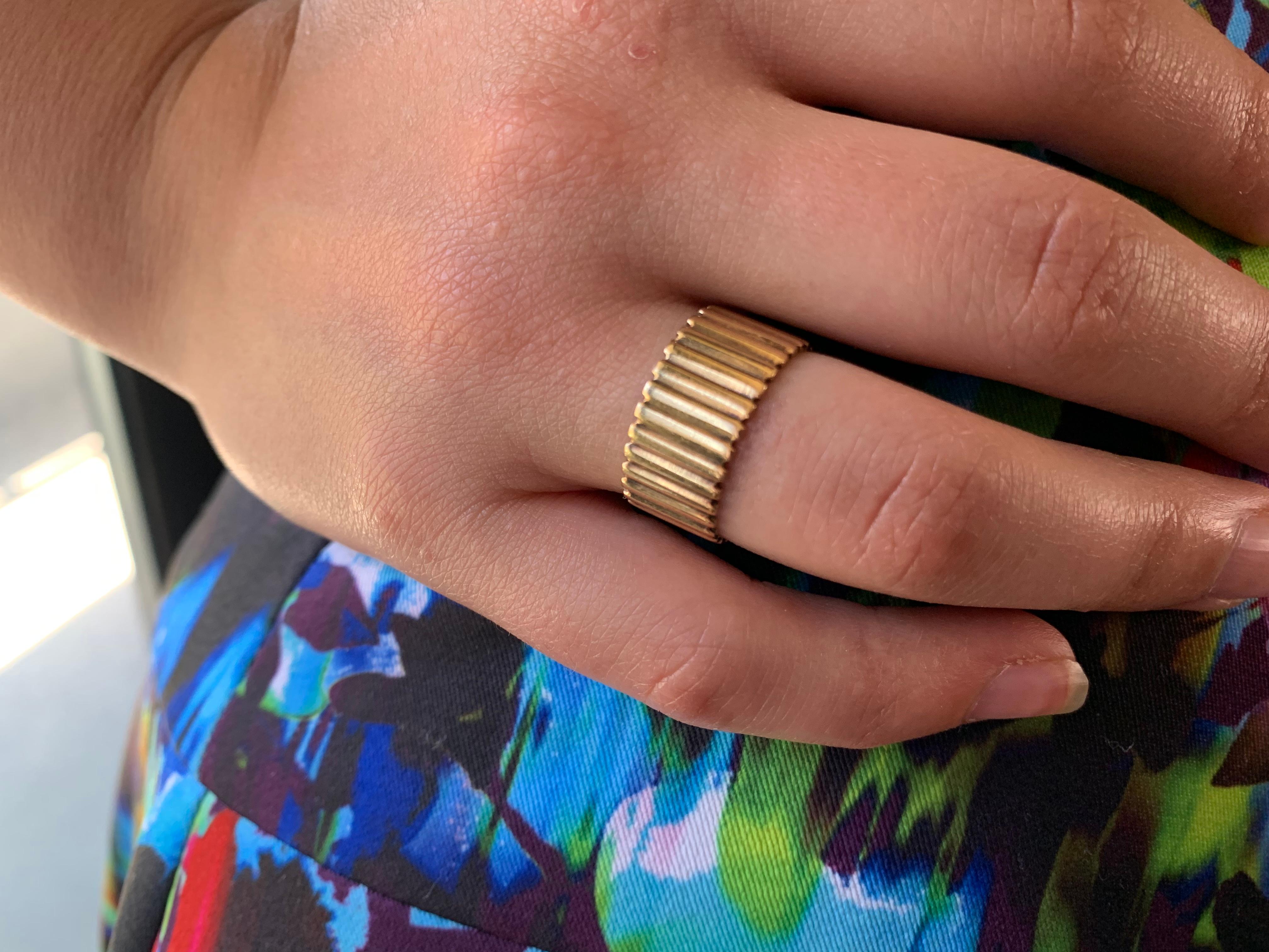 Mid-Century Modern Wide Cigar Band Ring, 14K Yellow Gold Classic Reed Design 4