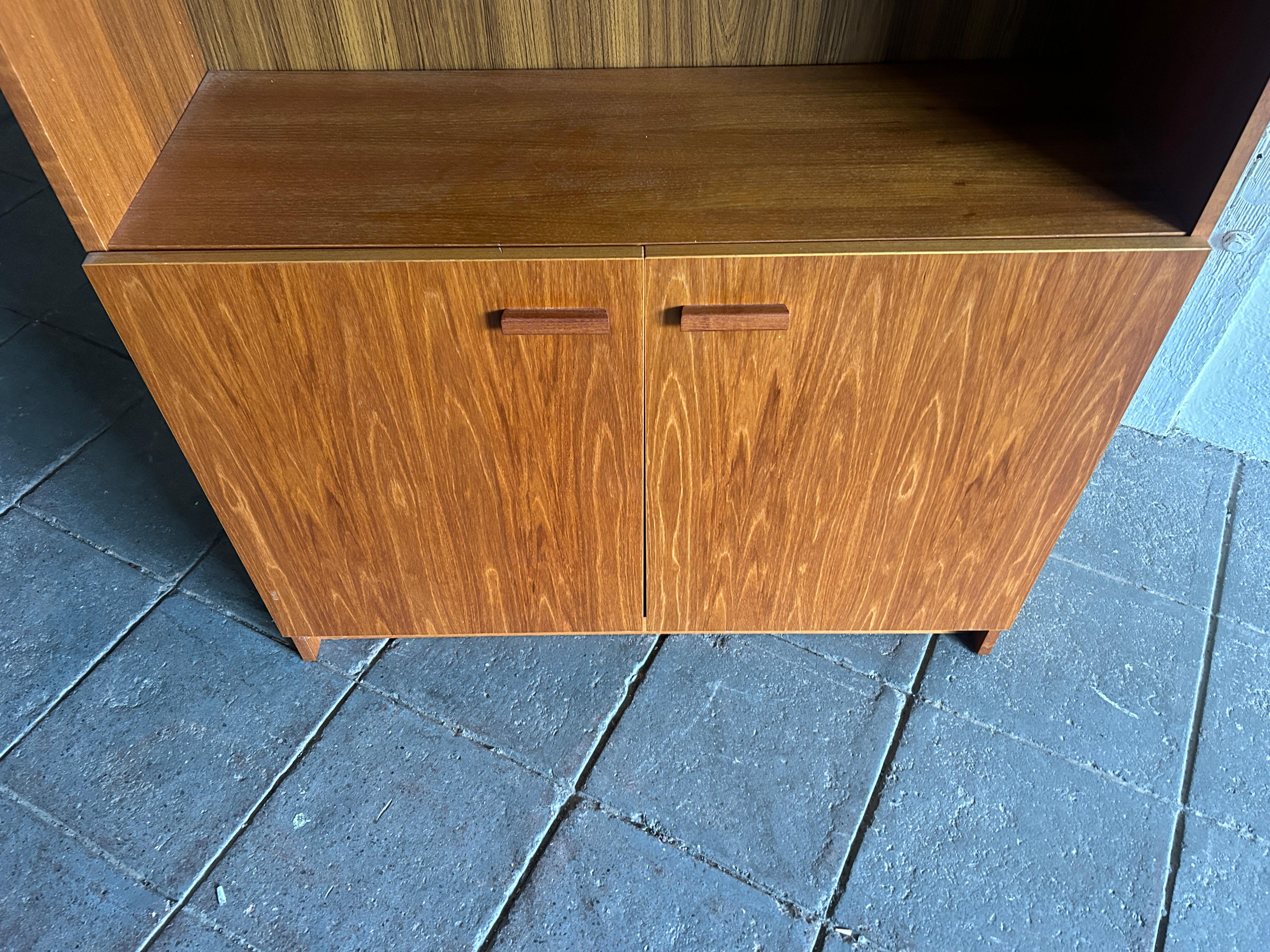 Woodwork Mid-Century Modern wide teak tall bookcase (2) cabinet doors Made in Denmark  For Sale