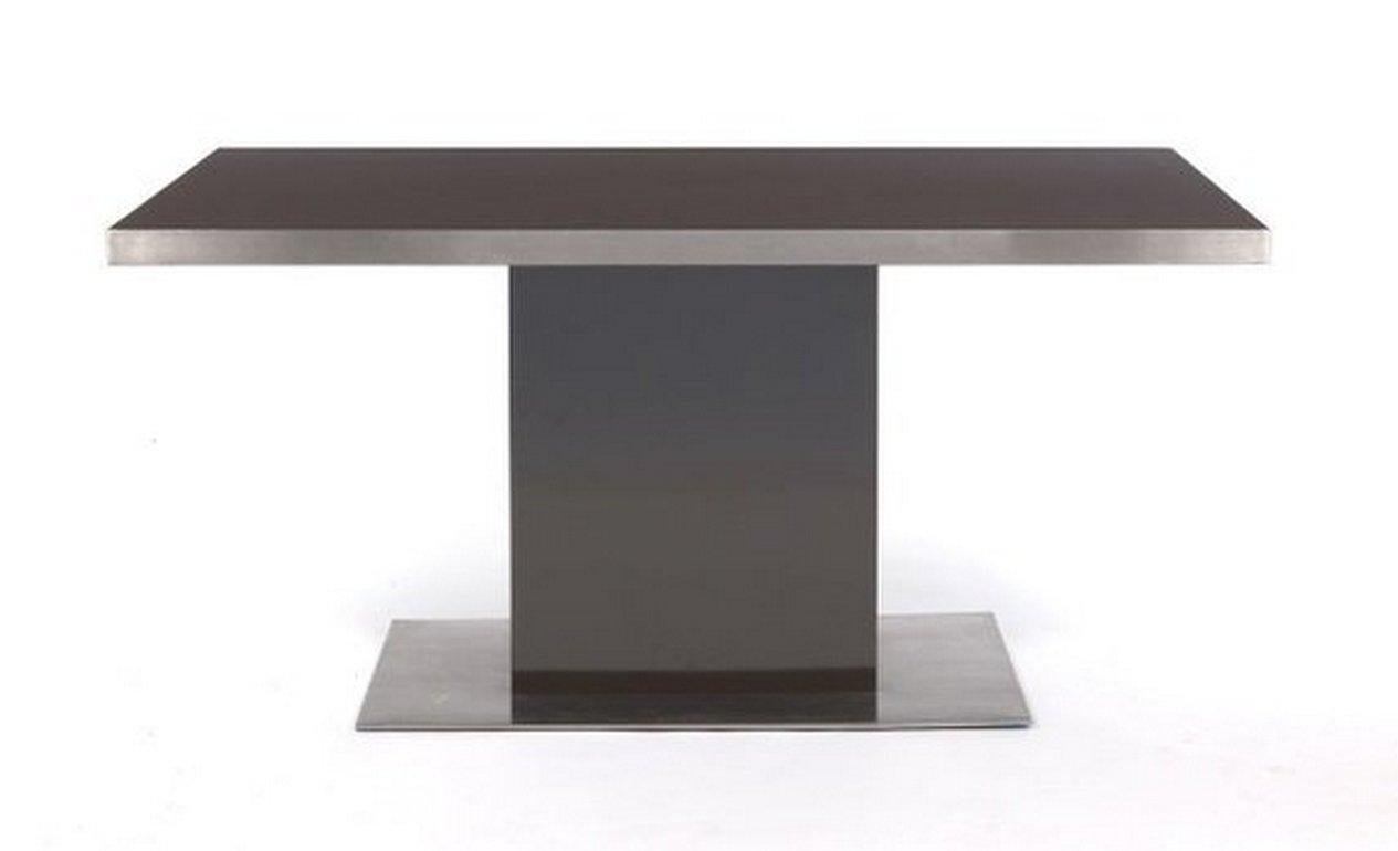 For your consideration is this stunning Willy Rizzo for Mario sabot dining set. The table is rectangular with a dark brown formica top banded in aluminum. Mounted on a massive rectangular Formica plinth standard terminating in an extended steel