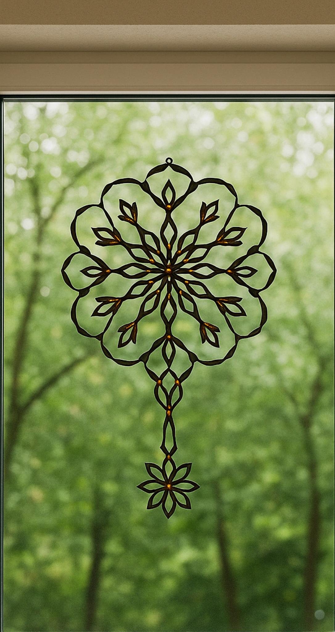 Une pièce unique et assez grande d'art en métal vintage en forme de mandala. Il s'agit d'une très belle tenture murale ou d'un mobile, qui sera du plus bel effet dans une pièce ou dans une fenêtre. Il a un aspect très moderne du milieu du siècle,