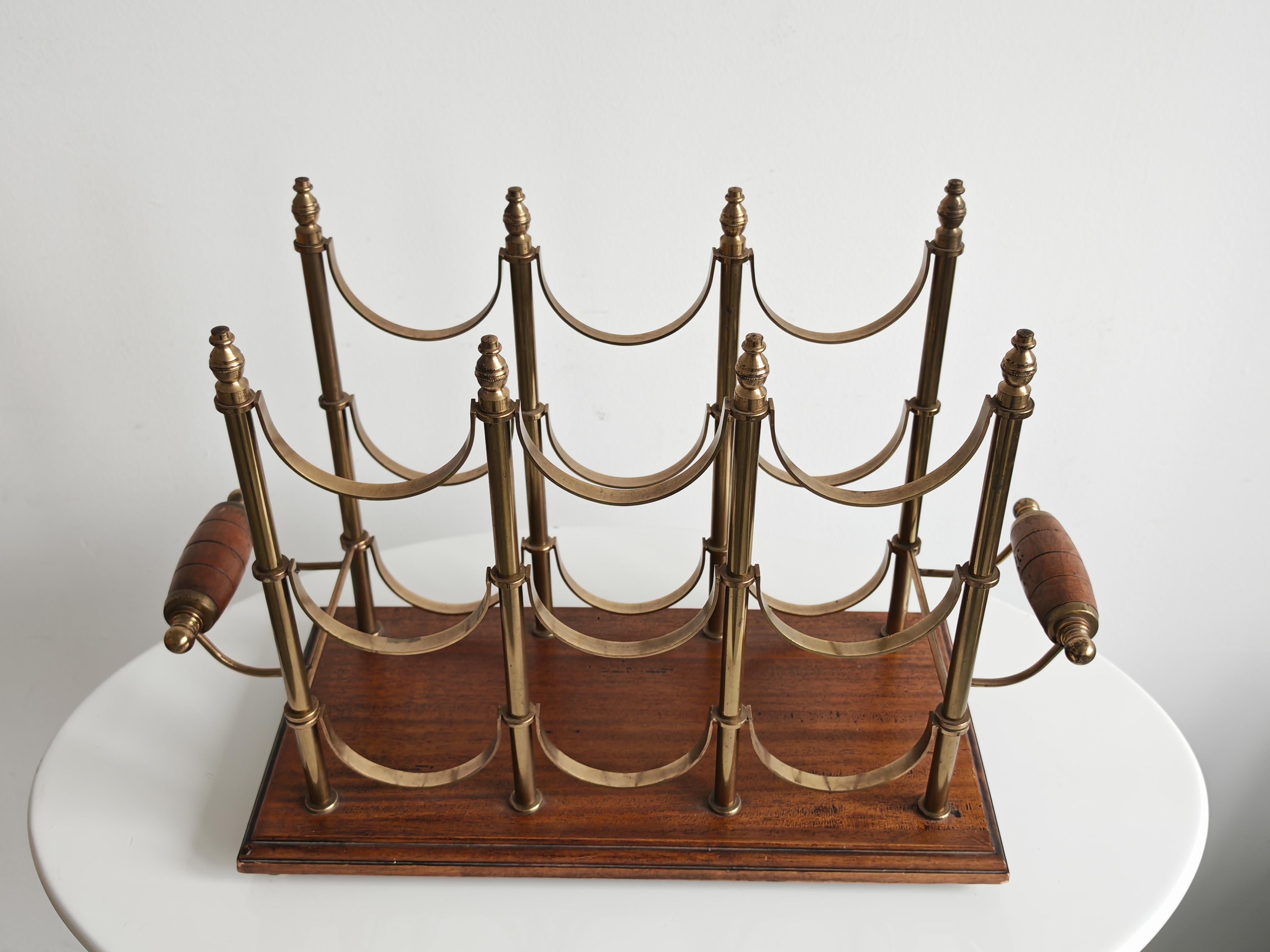 Ottone Portabottiglie da vino moderno di metà secolo in ottone e mogano, Francia anni '60 in vendita