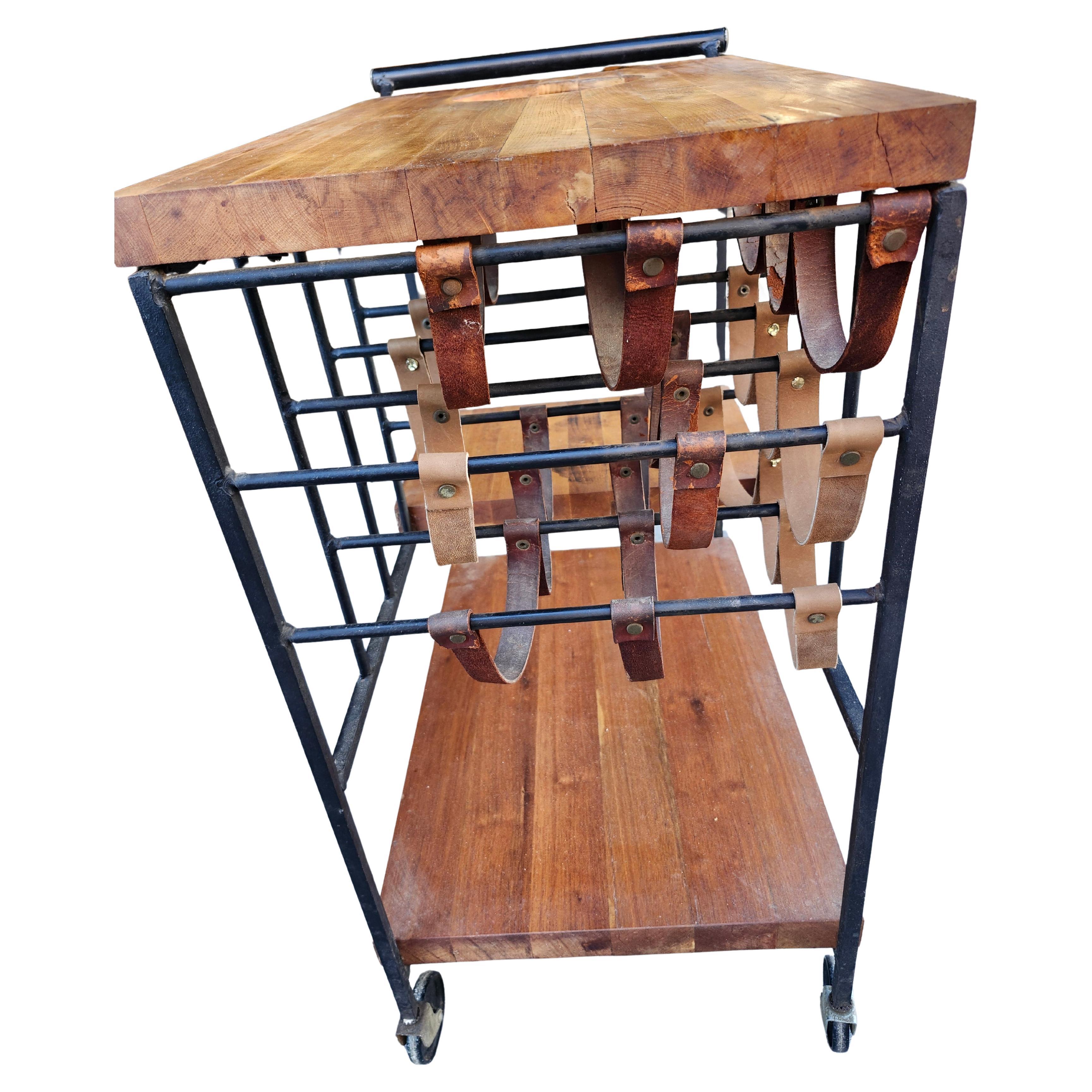 Hand-Crafted Mid-Century Modern Wine Rack Bar Cart with Butcher Block & Iron Arthur Umanoff For Sale