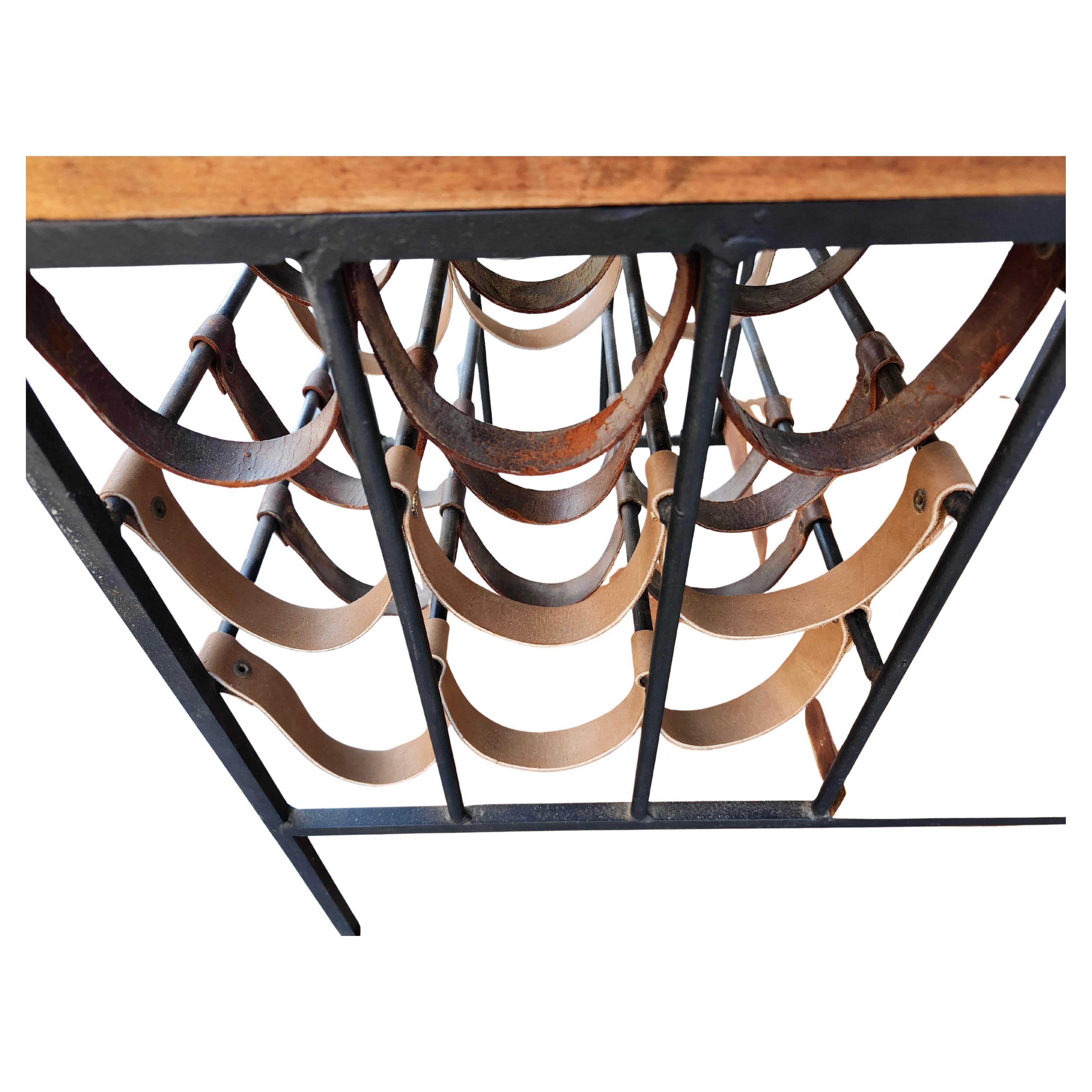 Leather Mid-Century Modern Wine Rack Bar Cart with Butcher Block & Iron Arthur Umanoff For Sale