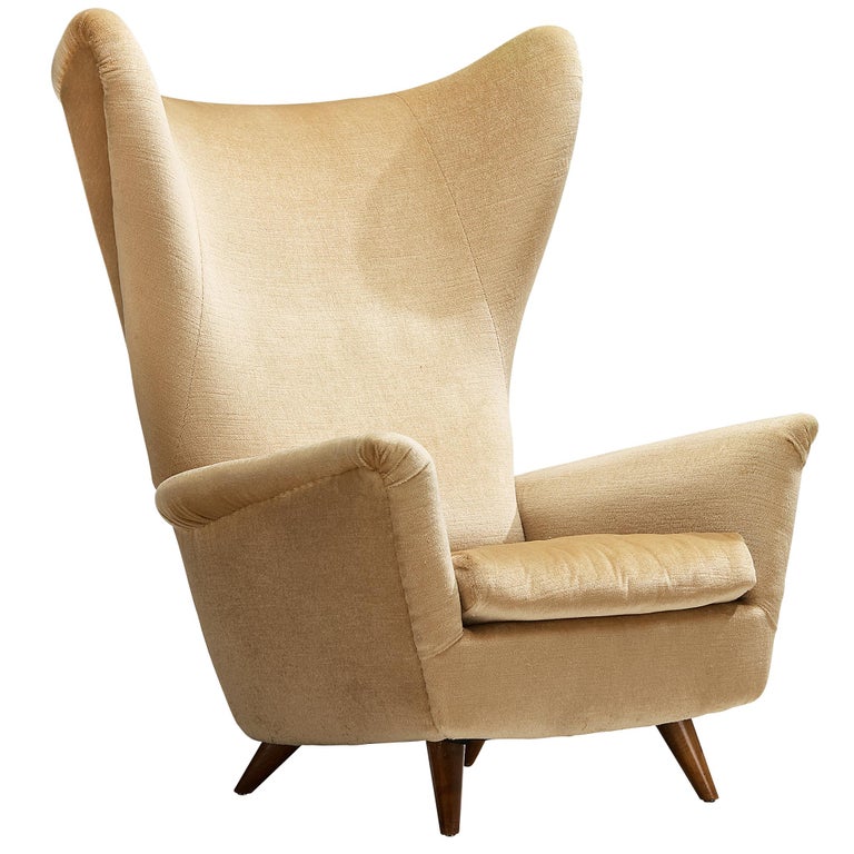 Mid-Century Modern Wingback Chair in Cherry Wood and Beige Fabric 1950s