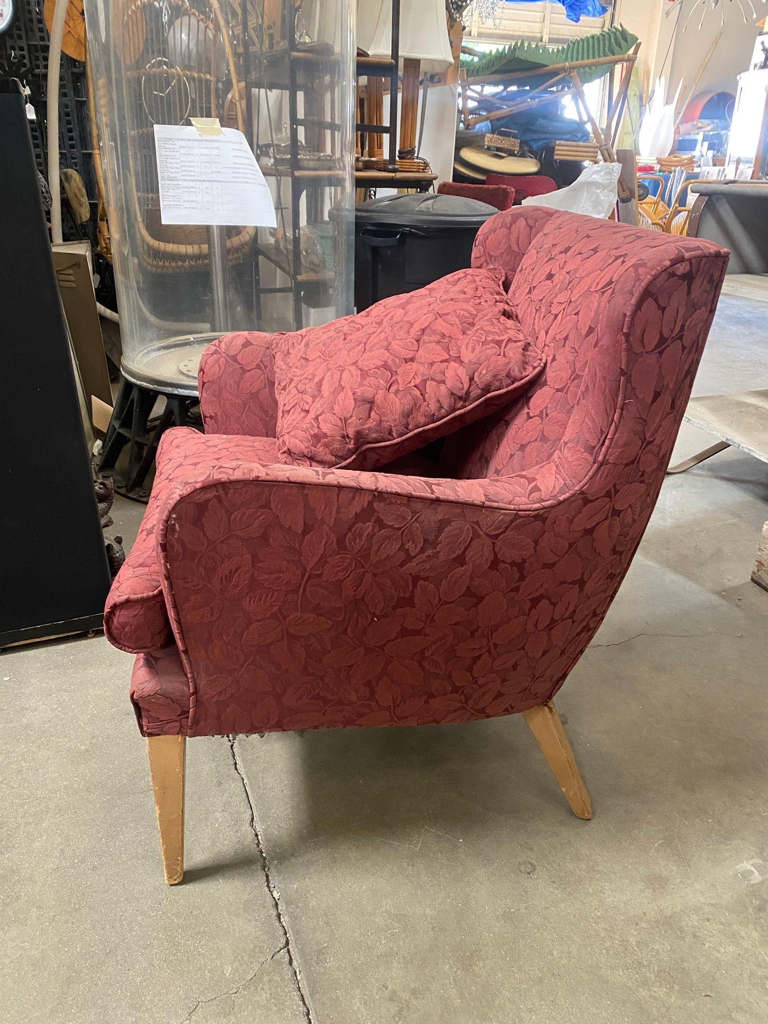 Mid-20th Century Mid Century Modern Wingback Lounge Chair Burgundy Leaf Print Pair For Sale