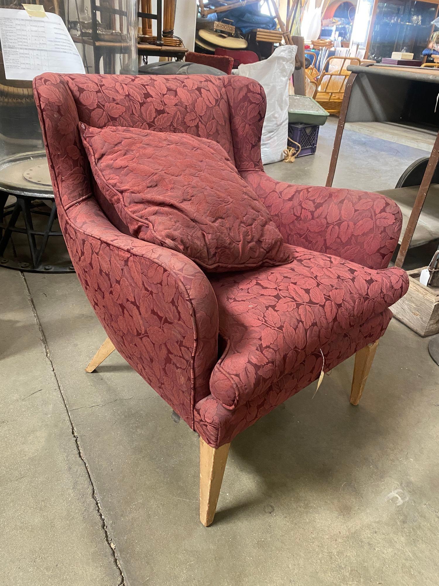 Fabric Mid Century Modern Wingback Lounge Chair Burgundy Leaf Print Pair For Sale