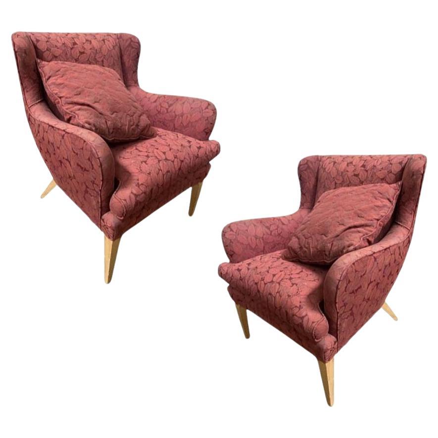 Mid Century Modern Wingback Lounge Chair Burgundy Leaf Print Pair For Sale