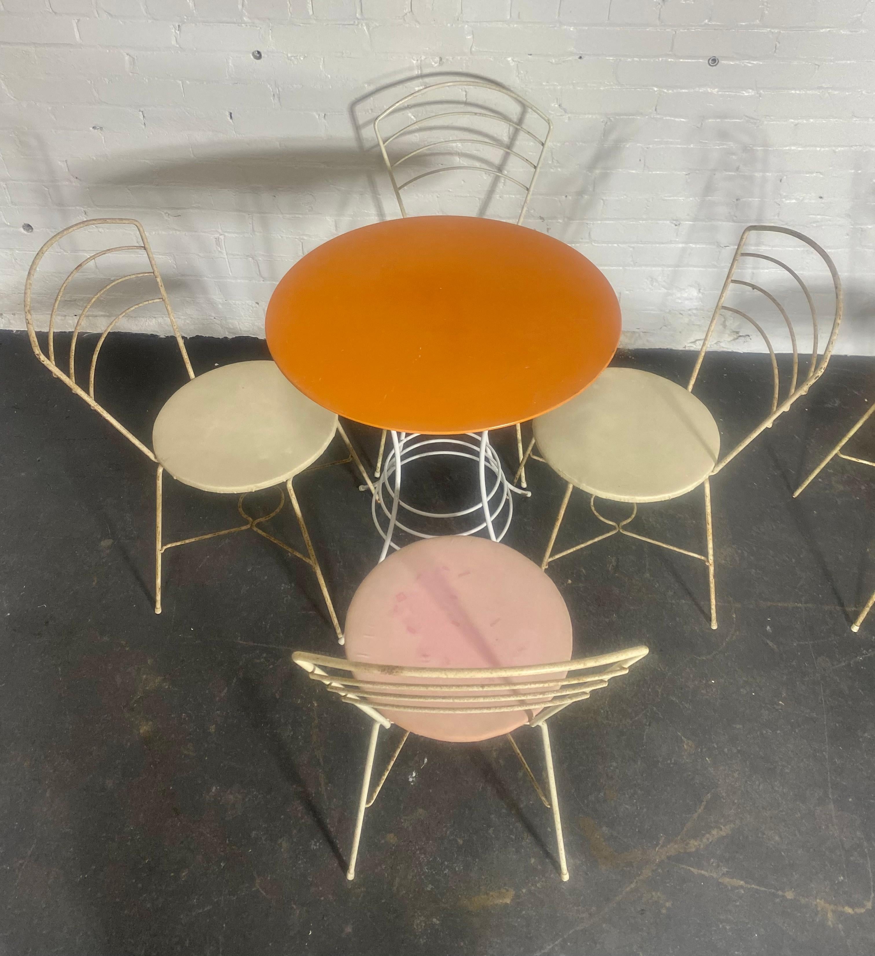 Mid Century Modern Wire Iron Cafe Bistro / Ice Cream Parlor sets . Salterini / Frederick Weinberg Style . Manufactured buy Jet.*** NOTE... Priced Separately.      PRICE FOR ONE TABLE AND FOUR CHAIRS.. 825.00 ... Two sets available. Table measures