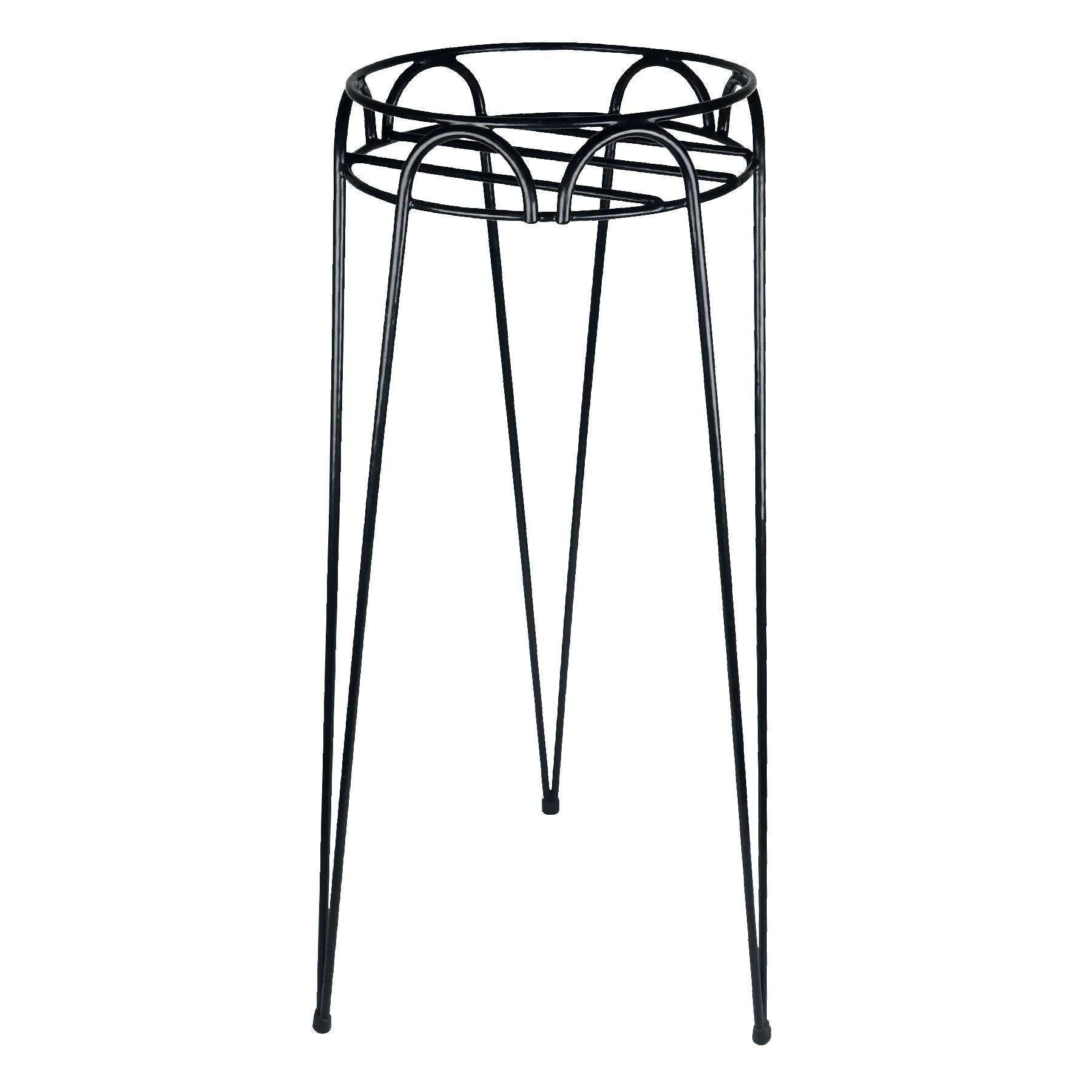 Very cool Mid-Century Modern black wire plant stand with three hairpin leg and a decorative triangle pattern that can be used indoor or outdoor.

Measures: 15” x 15” x 31”.