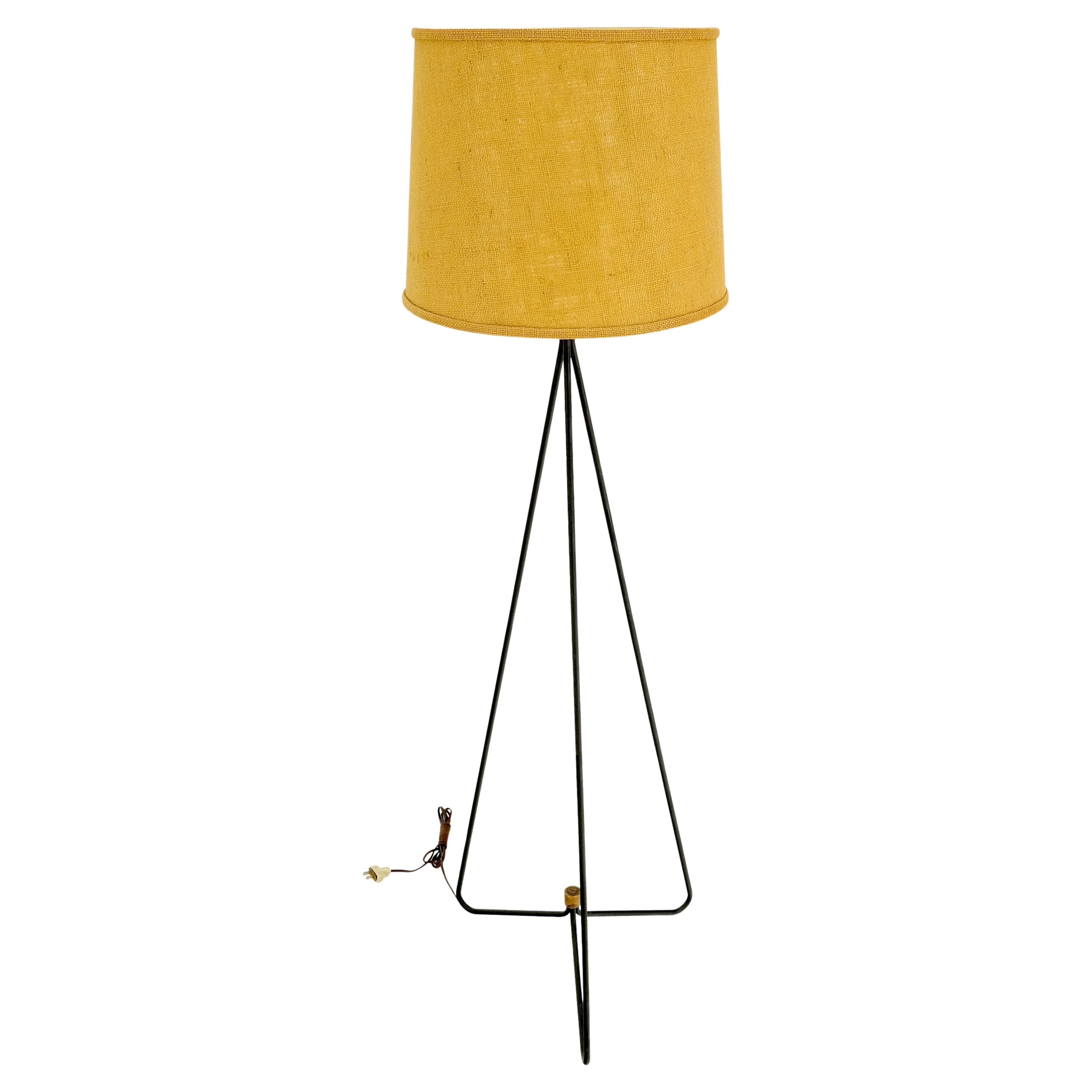 Mid-Century Modern wire tripod base brass finial floor lamp atr. to Frederic Weinberg.