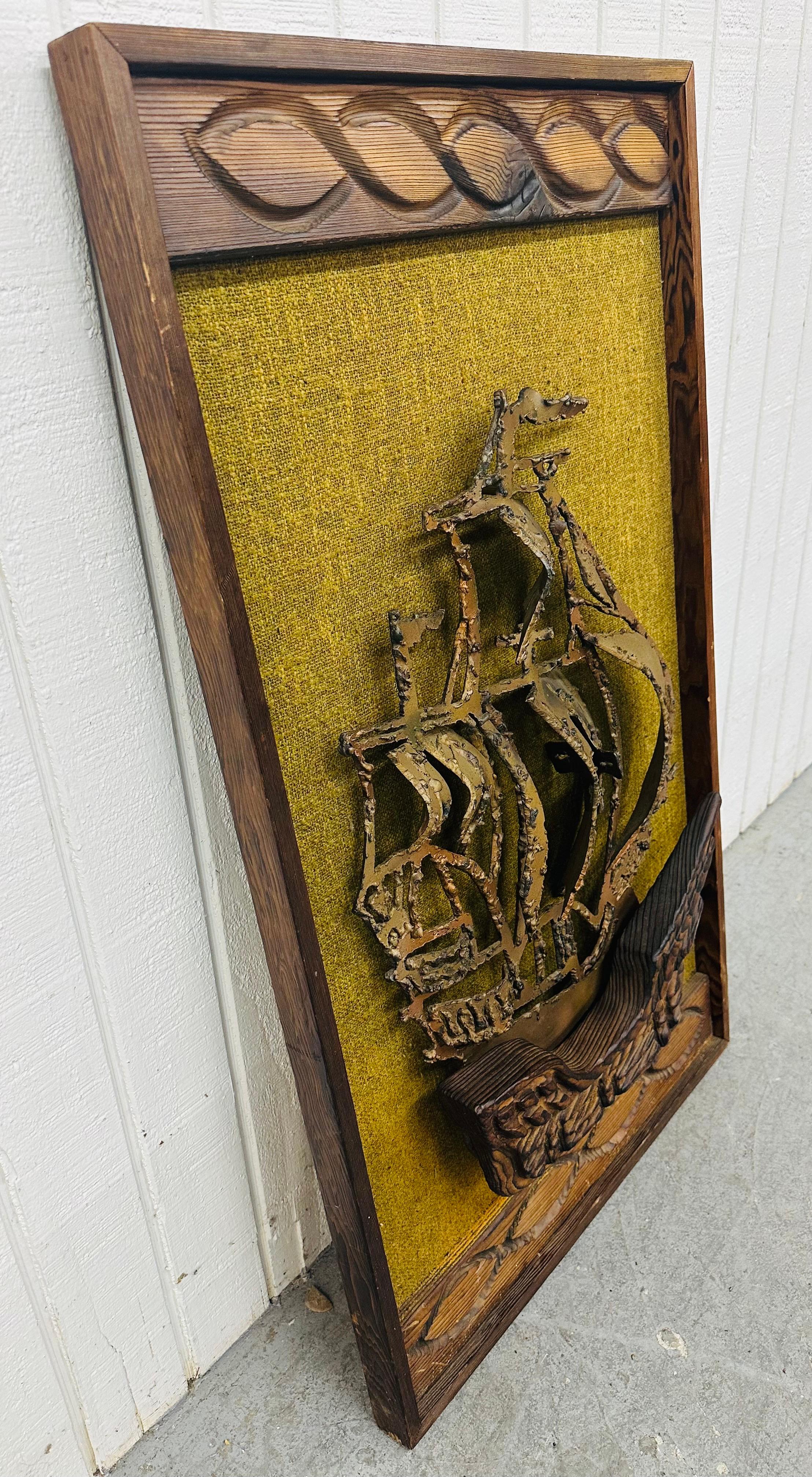 This listing is for a Mid-Century Modern Witco Brutalist Wall Art. Featuring a rectangular Witco style wooden frame, spicy mustard background, and ship constructed of wood and metal. This is an exceptional combination of quality and design!